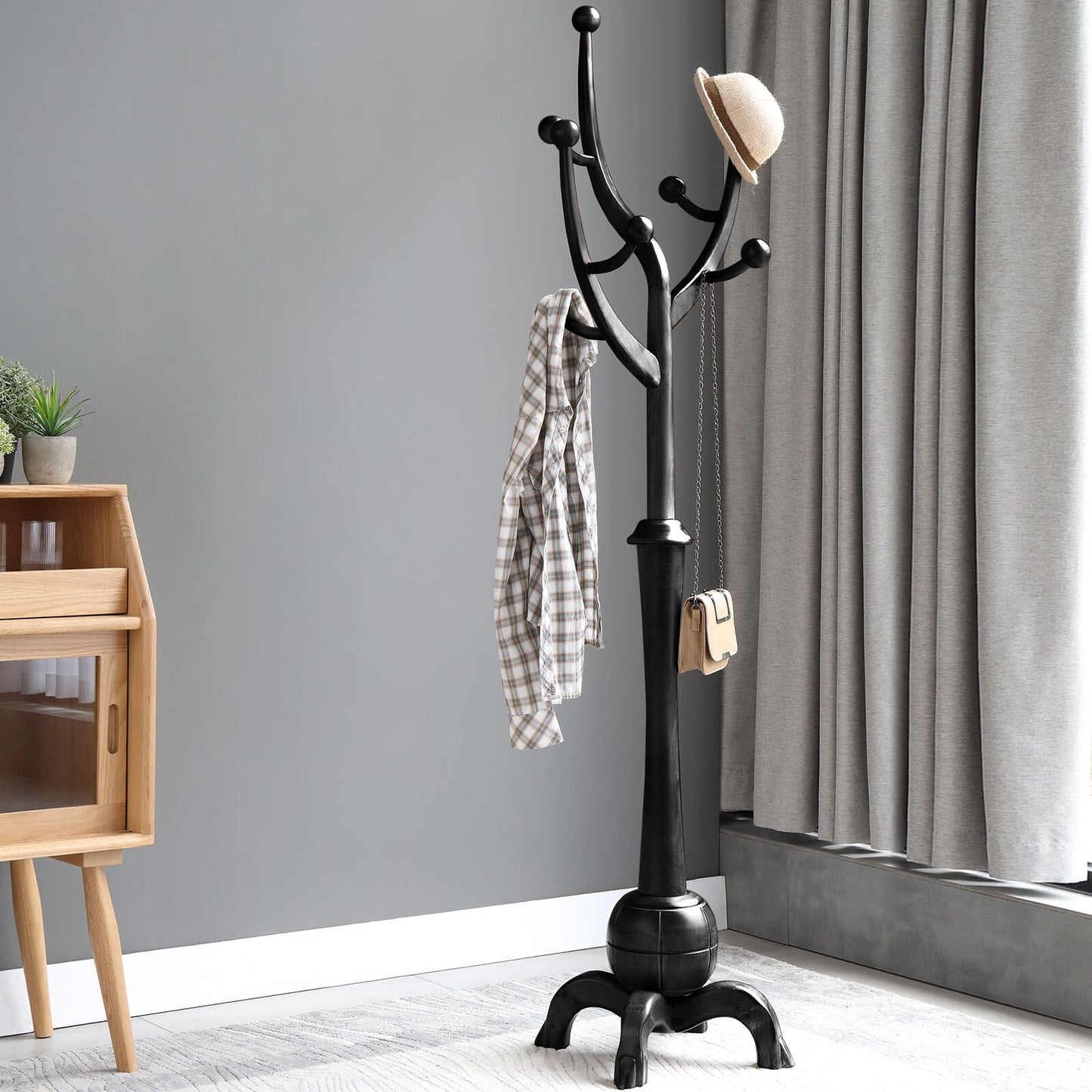 Porte-manteau sur pied en bois de caoutchouc imitation branche d'arbre avec 8 crochets - 62,2 cm L x 179,5 cm H