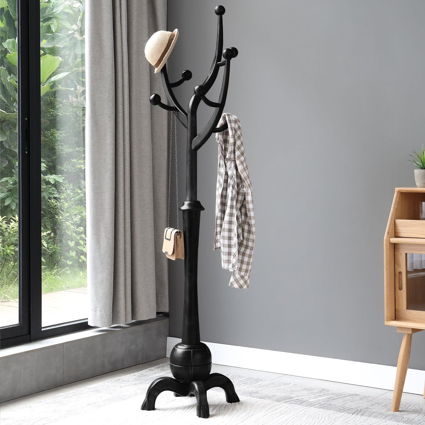 Porte-manteau sur pied en bois de caoutchouc imitation branche d'arbre avec 8 crochets - 62,2 cm L x 179,5 cm H