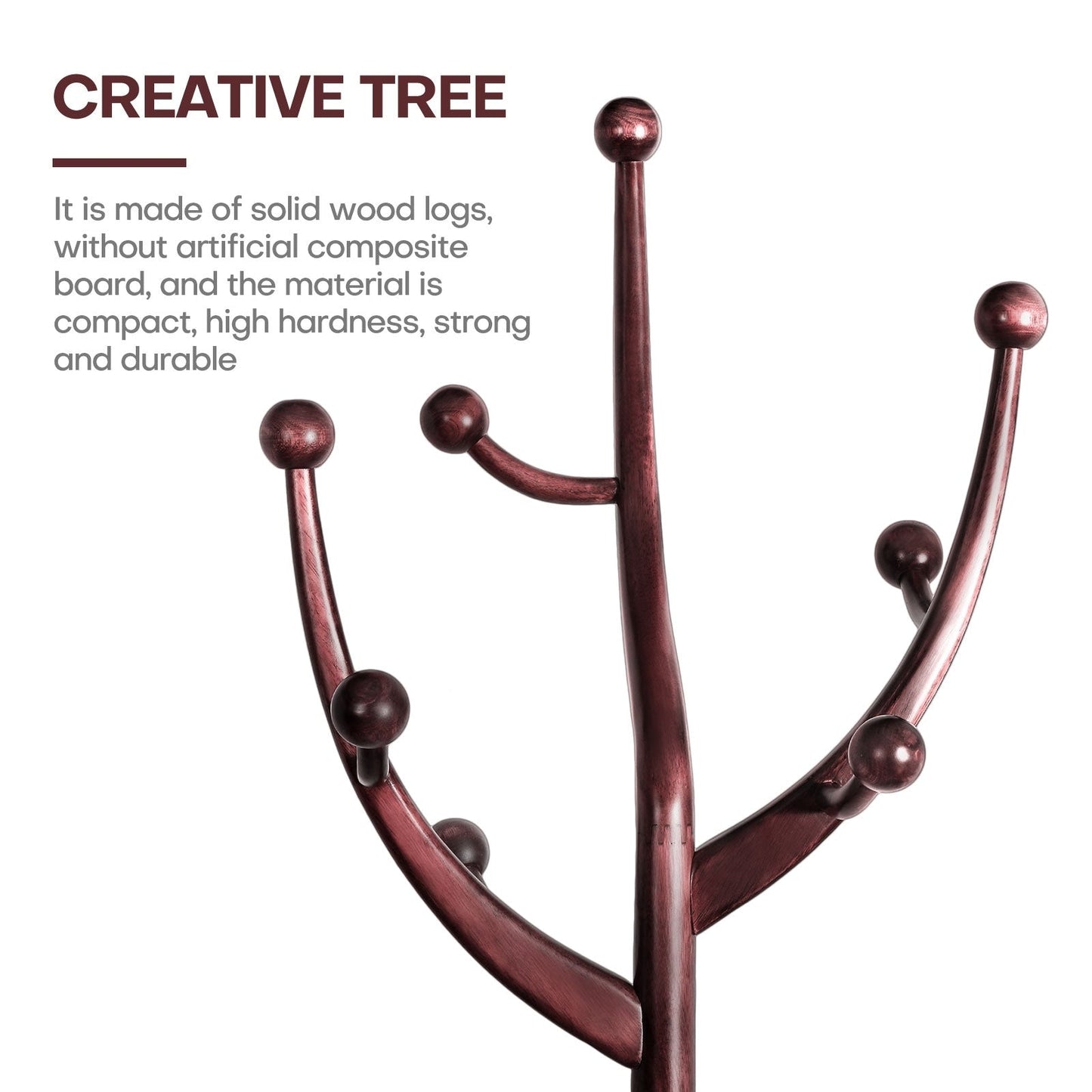 Porte-manteau sur pied en bois de caoutchouc imitation branche d'arbre avec 8 crochets - 62,2 cm L x 179,5 cm H