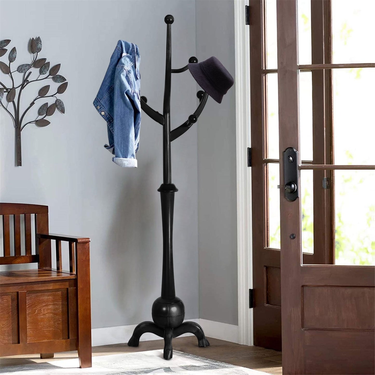 Porte-manteau sur pied en bois de caoutchouc imitation branche d'arbre avec 8 crochets - 62,2 cm L x 179,5 cm H