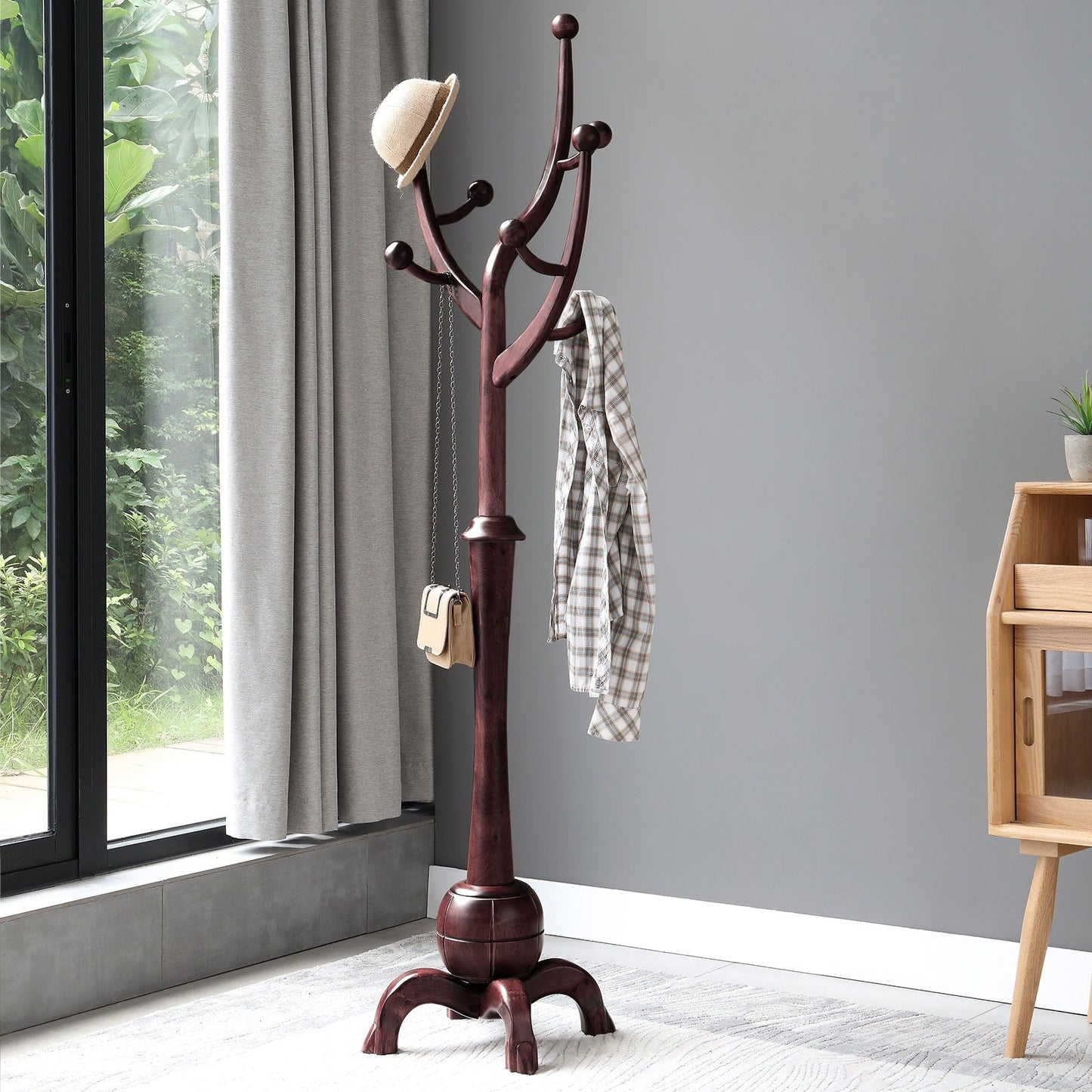 Porte-manteau sur pied en bois de caoutchouc imitation branche d'arbre avec 8 crochets - 62,2 cm L x 179,5 cm H