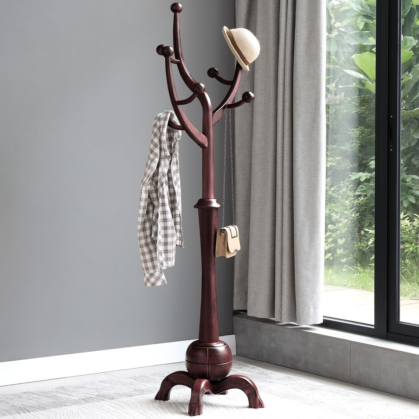 Porte-manteau sur pied en bois de caoutchouc imitation branche d'arbre avec 8 crochets - 62,2 cm L x 179,5 cm H