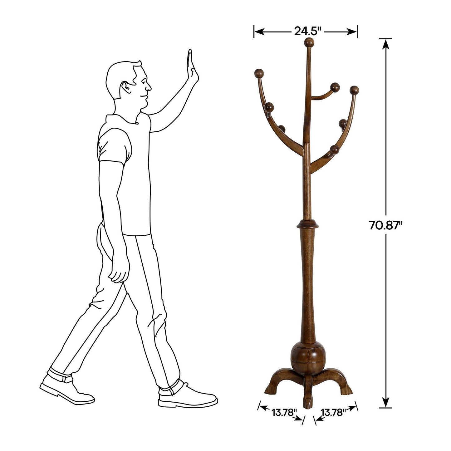 Porte-manteau sur pied en bois de caoutchouc imitation branche d'arbre avec 8 crochets - 62,2 cm L x 179,5 cm H