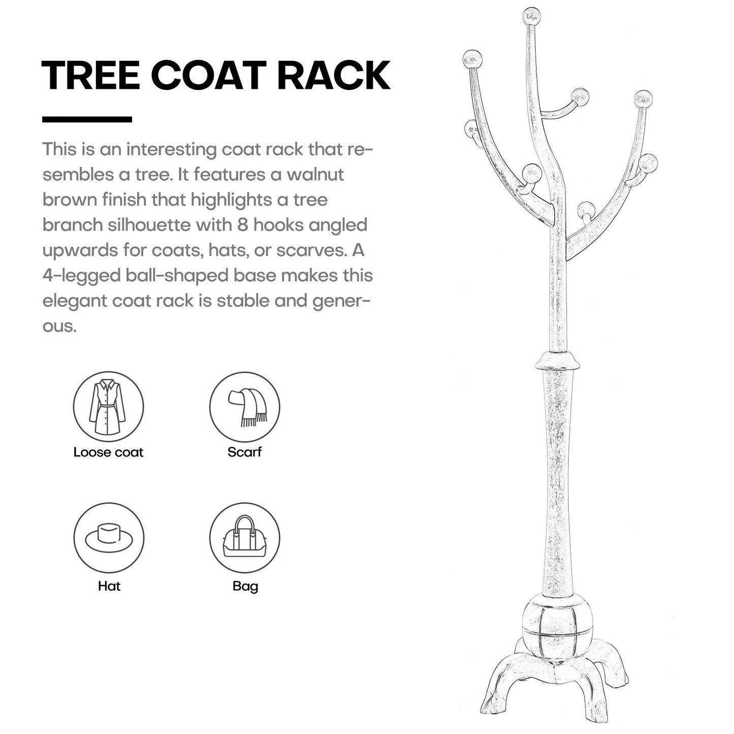 Porte-manteau sur pied en bois de caoutchouc imitation branche d'arbre avec 8 crochets - 62,2 cm L x 179,5 cm H