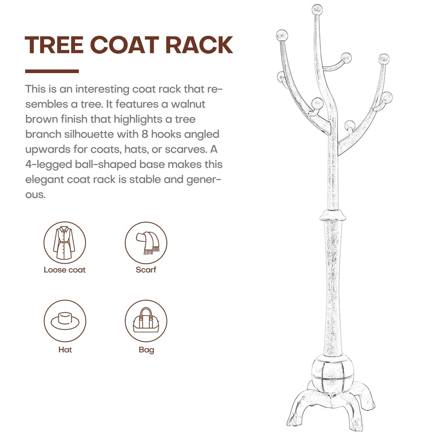 Porte-manteau sur pied en bois de caoutchouc imitation branche d'arbre avec 8 crochets - 62,2 cm L x 179,5 cm H
