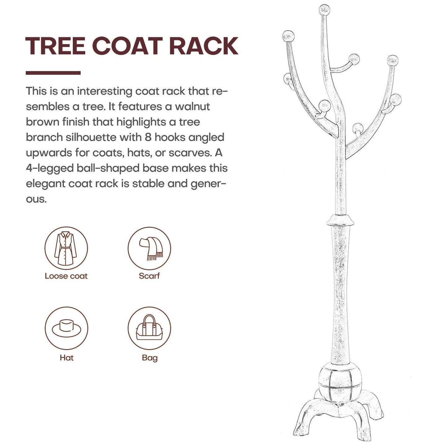 Porte-manteau sur pied en bois de caoutchouc imitation branche d'arbre avec 8 crochets - 62,2 cm L x 179,5 cm H