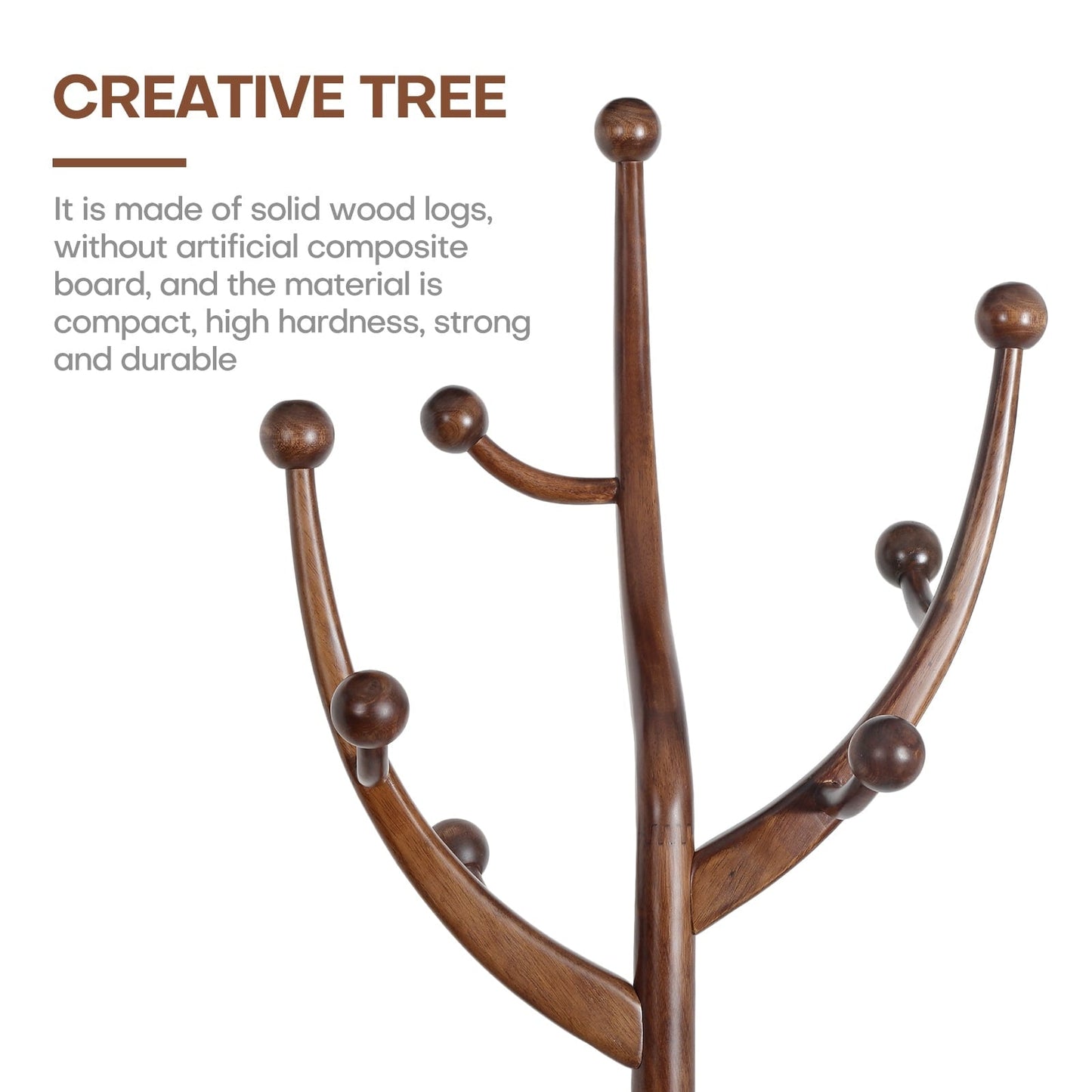Porte-manteau sur pied en bois de caoutchouc imitation branche d'arbre avec 8 crochets - 62,2 cm L x 179,5 cm H