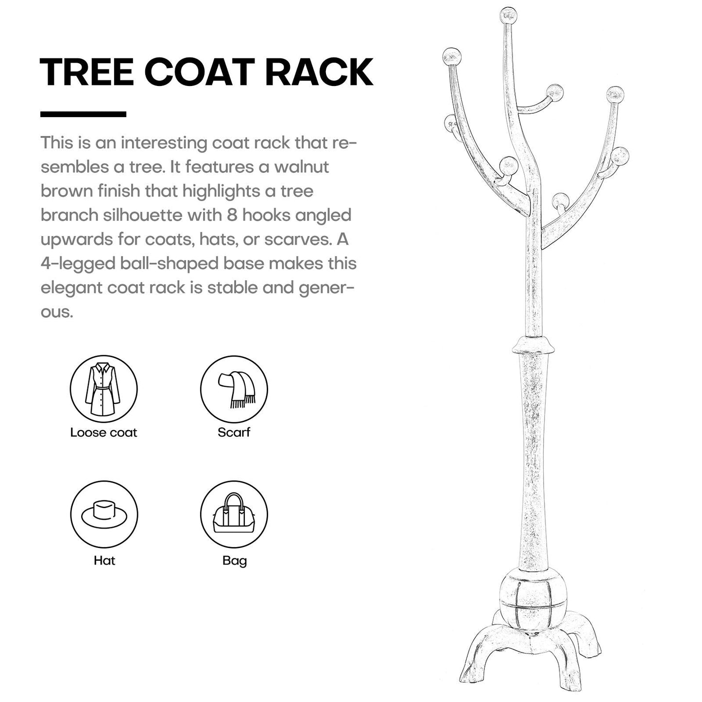 Porte-manteau sur pied en bois de caoutchouc imitation branche d'arbre avec 8 crochets - 62,2 cm L x 179,5 cm H