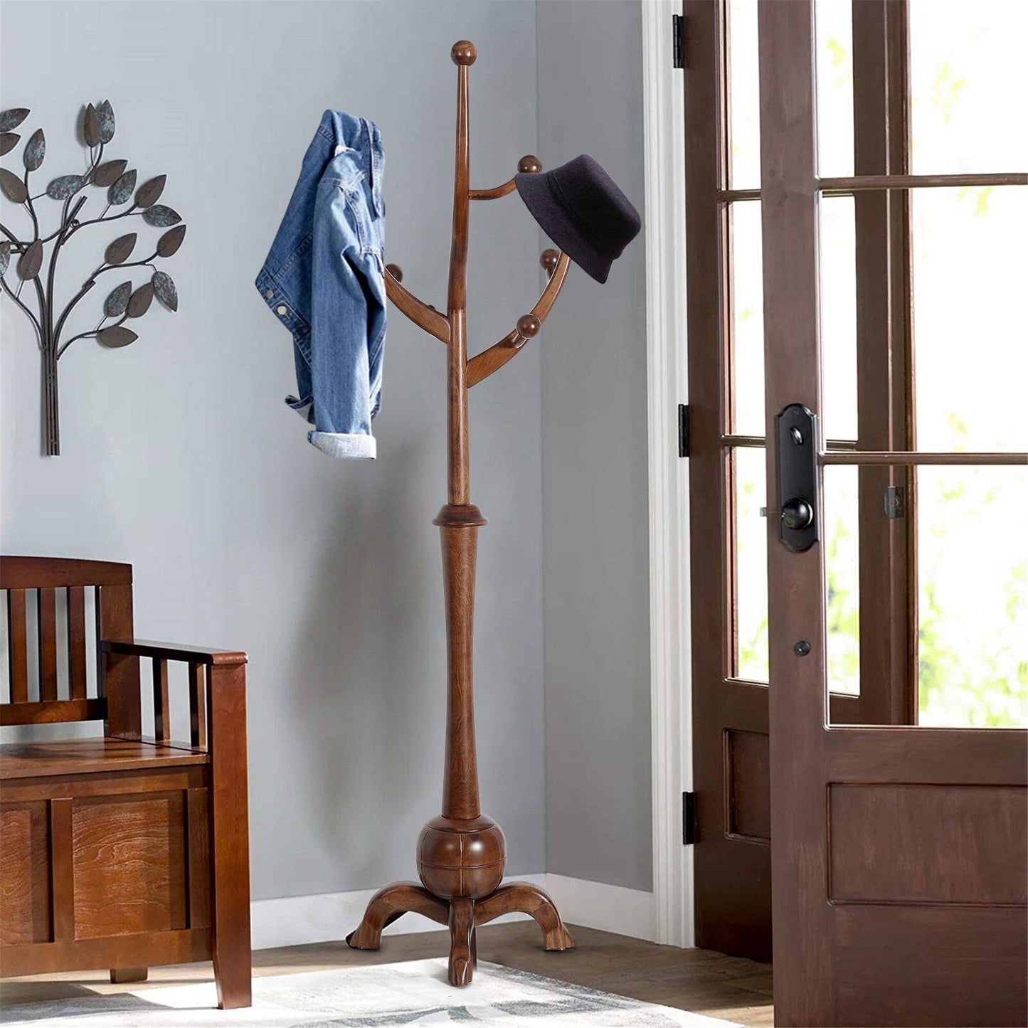 Porte-manteau sur pied en bois de caoutchouc imitation branche d'arbre avec 8 crochets - 62,2 cm L x 179,5 cm H