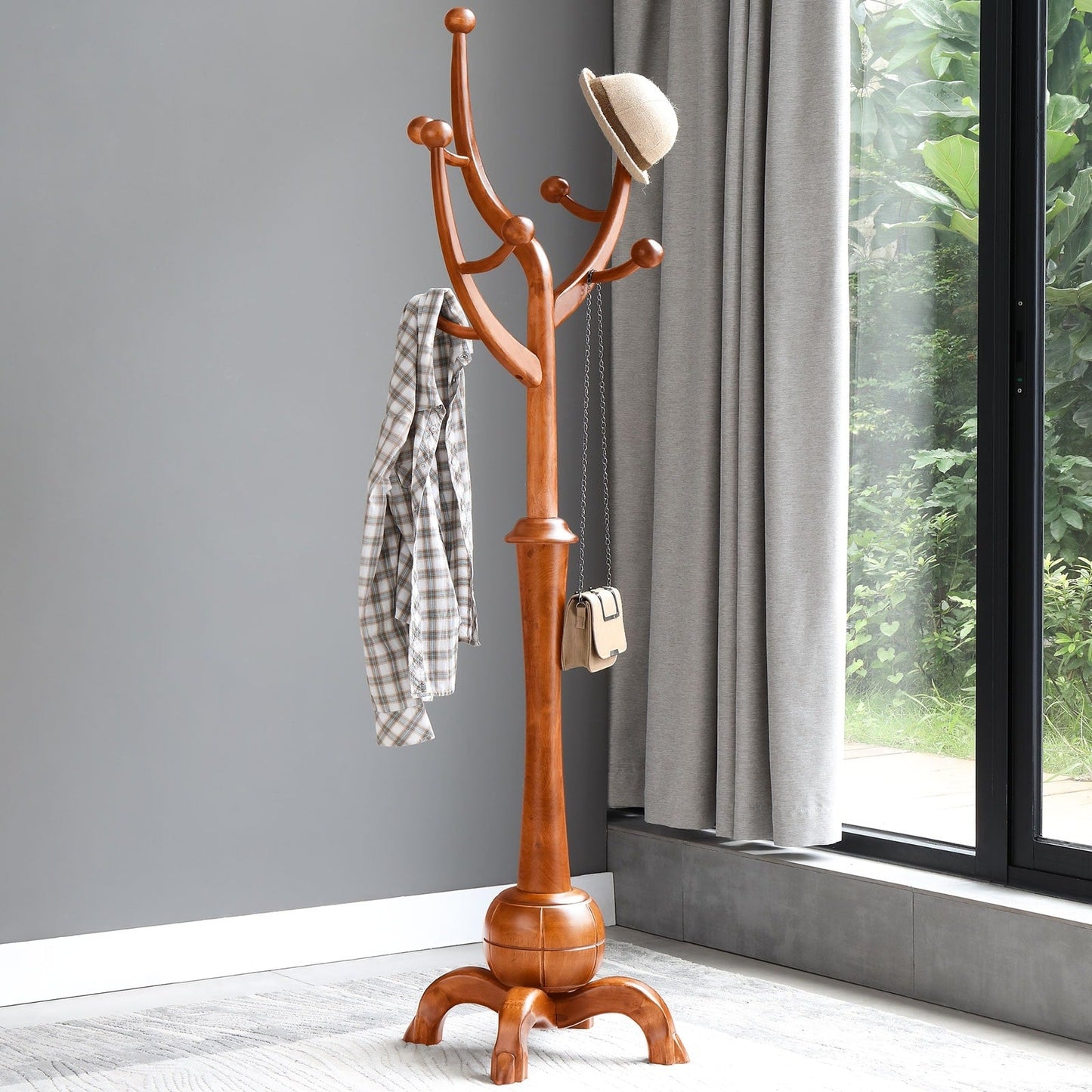 Porte-manteau sur pied en bois de caoutchouc imitation branche d'arbre avec 8 crochets - 62,2 cm L x 179,5 cm H
