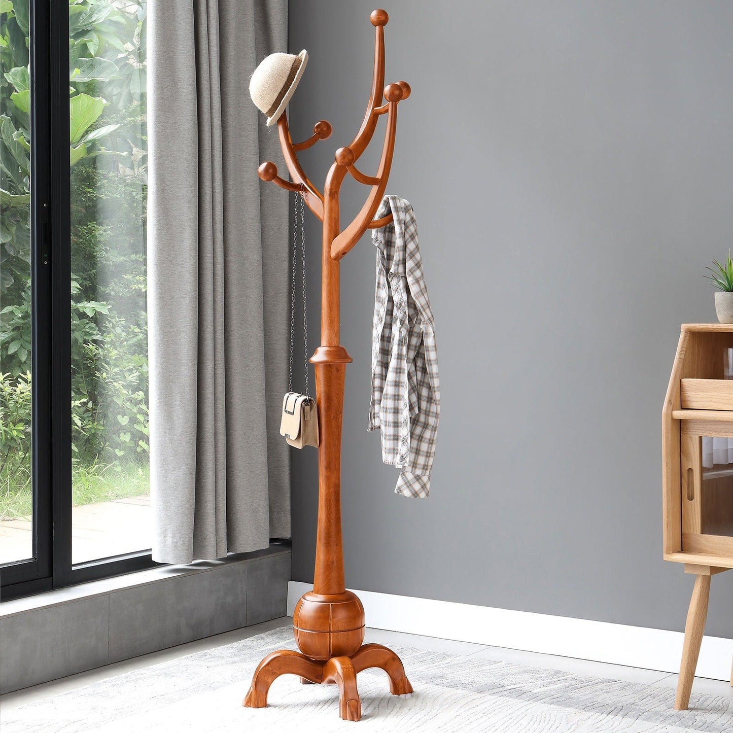 Porte-manteau sur pied en bois de caoutchouc imitation branche d'arbre avec 8 crochets - 62,2 cm L x 179,5 cm H