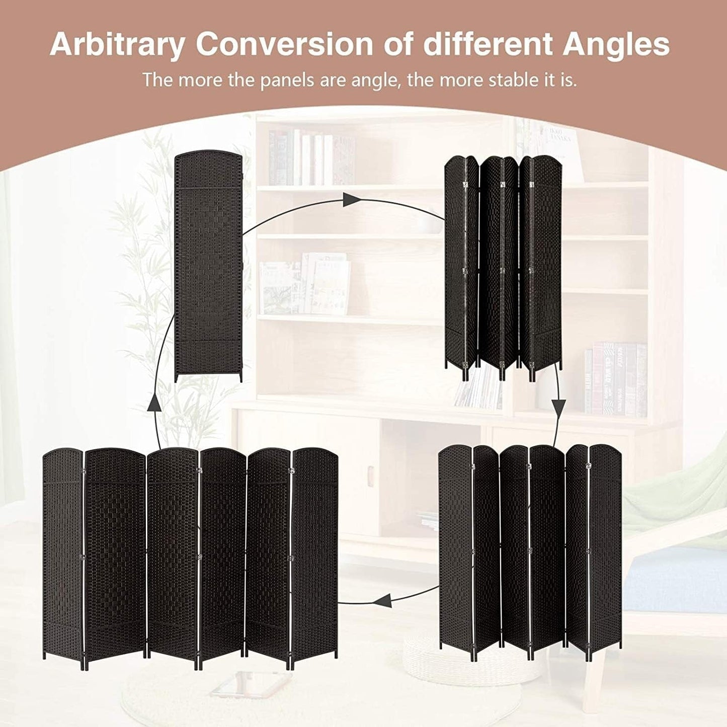 Paravent pliable, séparateur de pièce, hauteur 6 pieds, fibre tressée, écran de confidentialité autoportant