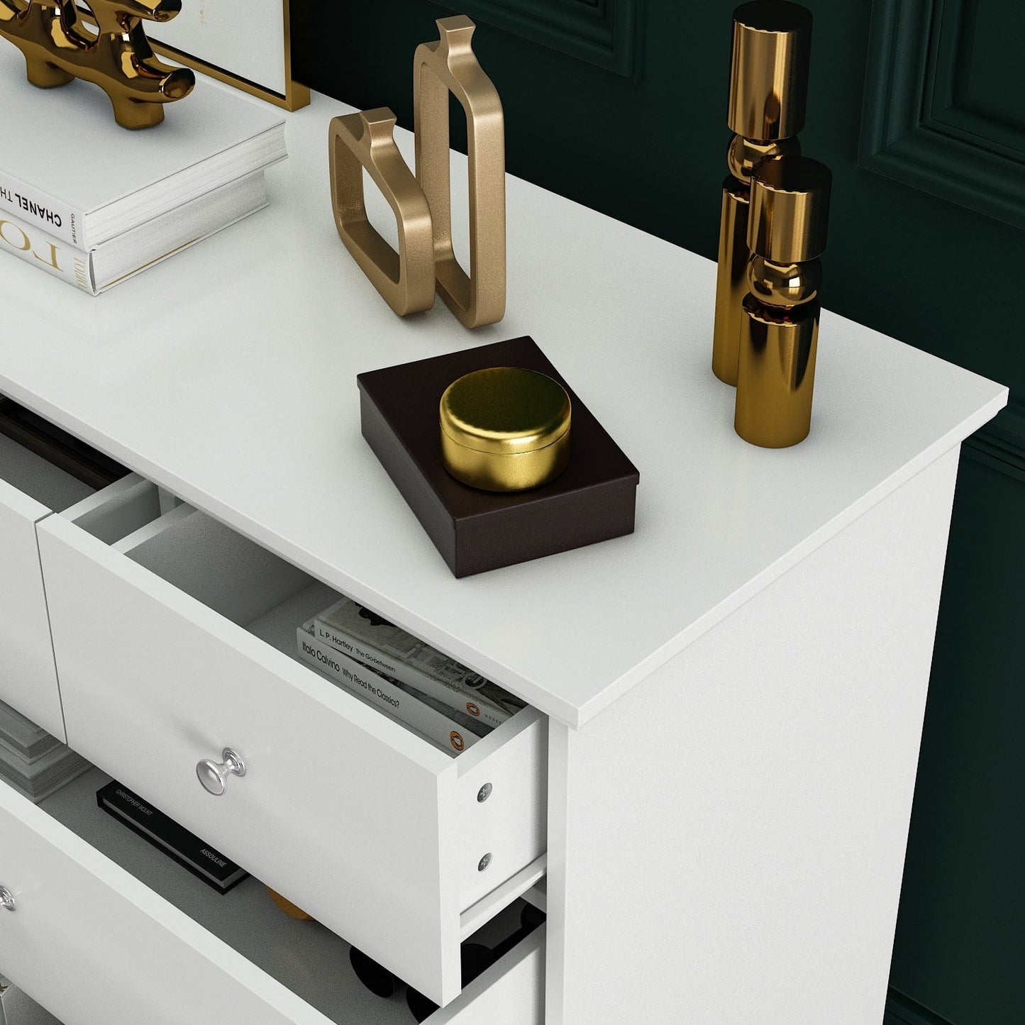 Commode de chambre à coucher double de 135 cm de large avec tiroirs de rangement