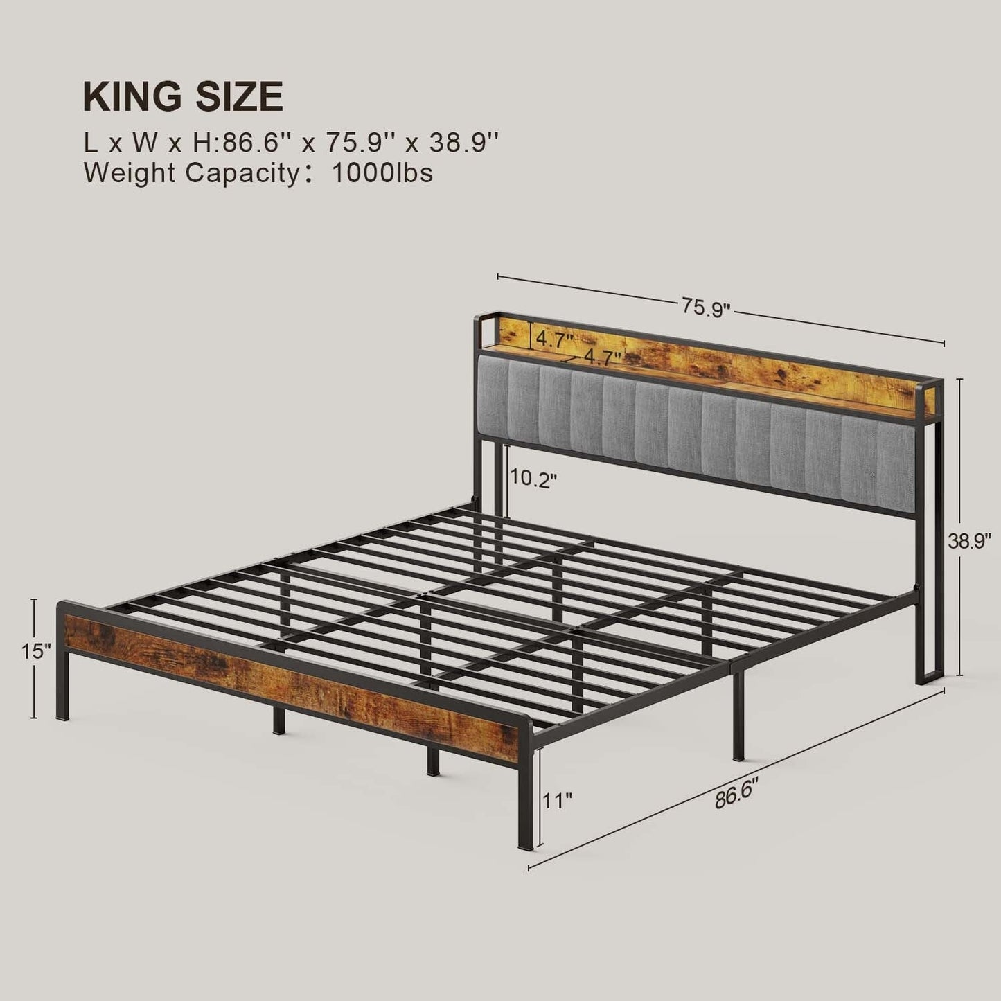 Cadre de lit à plateforme en métal pour matelas Twin / Double / Queen / King avec tête de lit rembourrée et rangement.