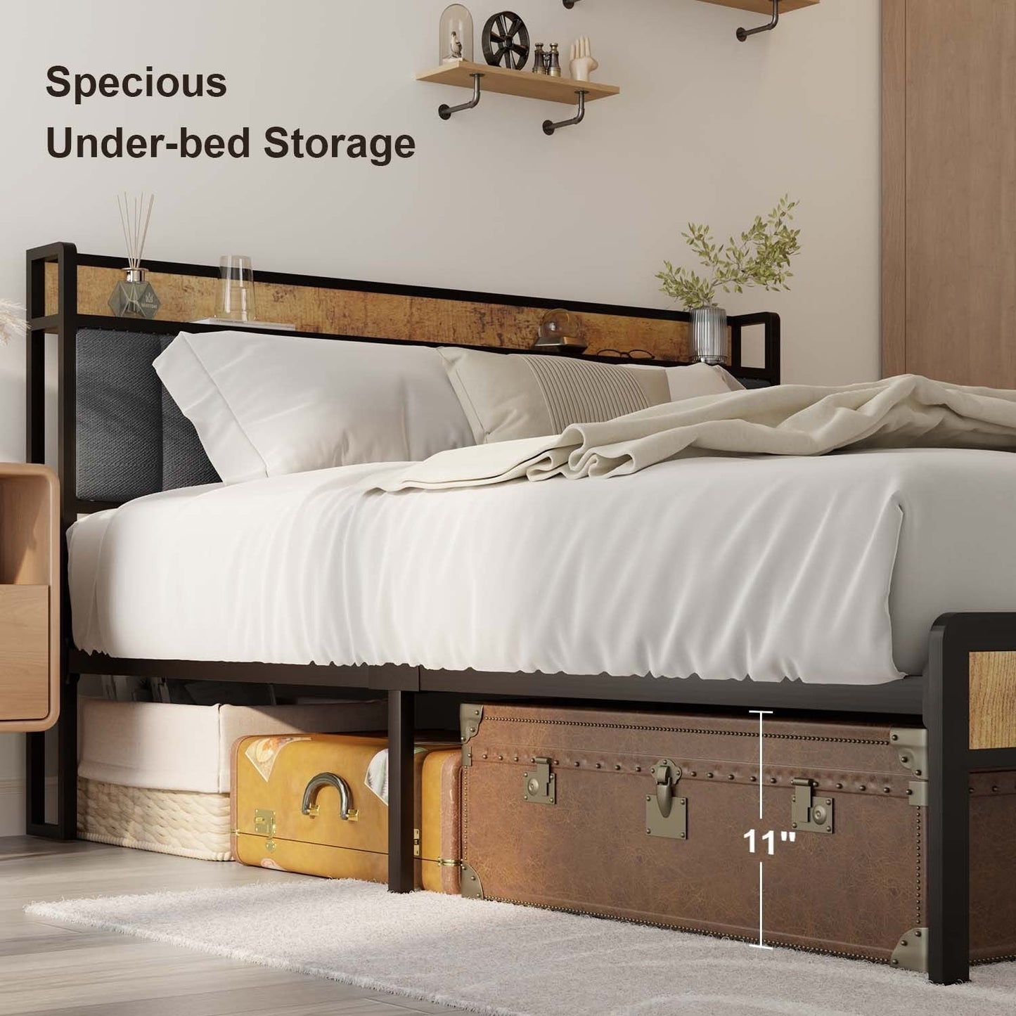 Cadre de lit à plateforme en métal pour matelas Twin / Double / Queen / King avec tête de lit rembourrée et rangement.