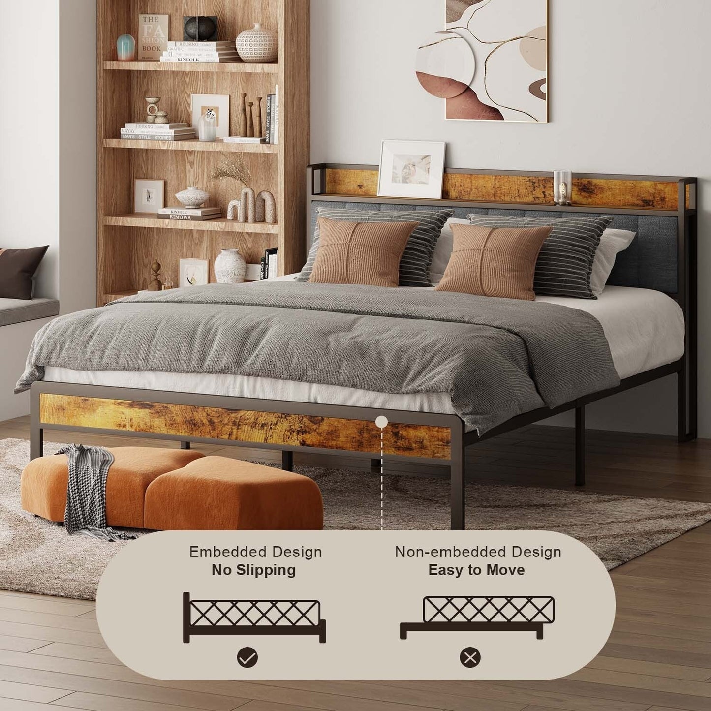 Cadre de lit à plateforme en métal pour matelas Twin / Double / Queen / King avec tête de lit rembourrée et rangement.