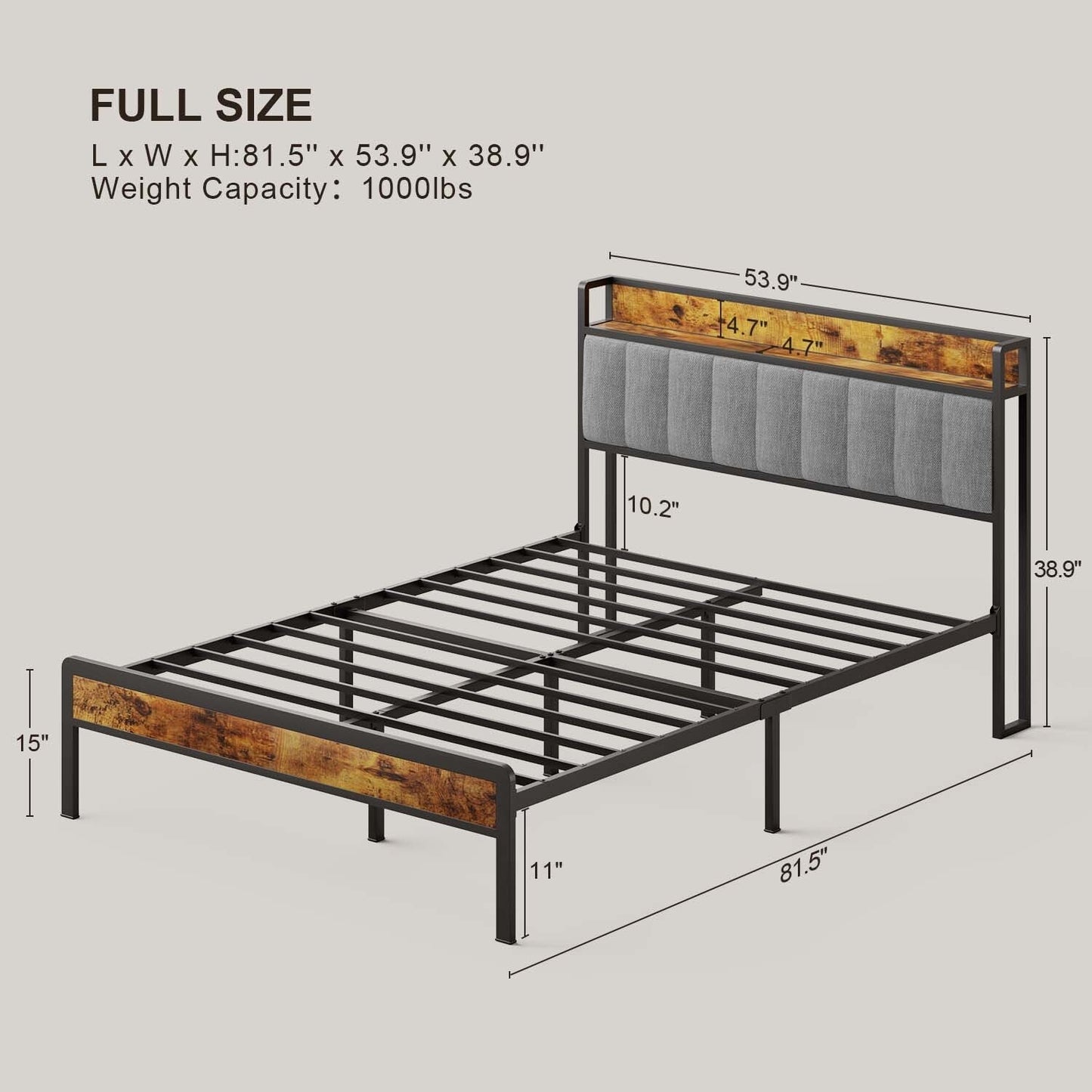 Cadre de lit à plateforme en métal pour matelas Twin / Double / Queen / King avec tête de lit rembourrée et rangement.