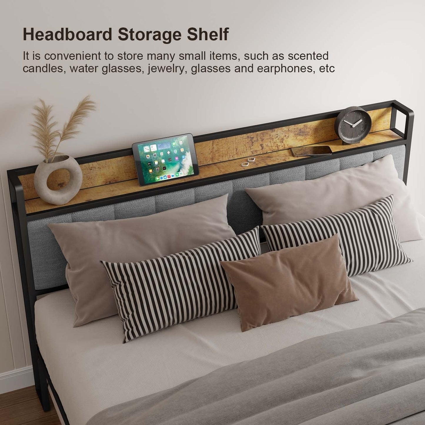 Cadre de lit à plateforme en métal pour matelas Twin / Double / Queen / King avec tête de lit rembourrée et rangement.