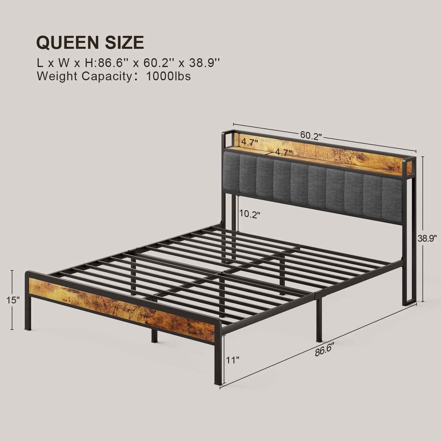 Cadre de lit à plateforme en métal pour matelas Twin / Double / Queen / King avec tête de lit rembourrée et rangement.