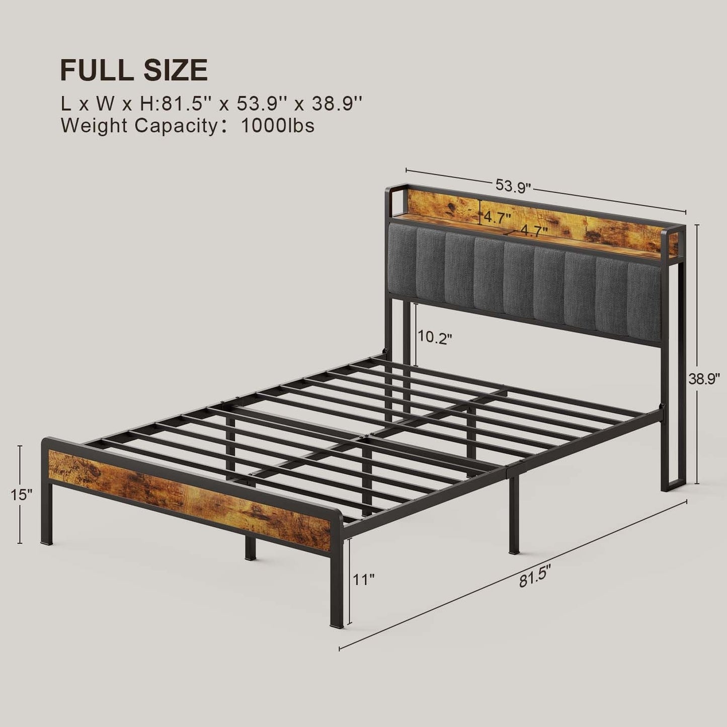 Cadre de lit à plateforme en métal pour matelas Twin / Double / Queen / King avec tête de lit rembourrée et rangement.