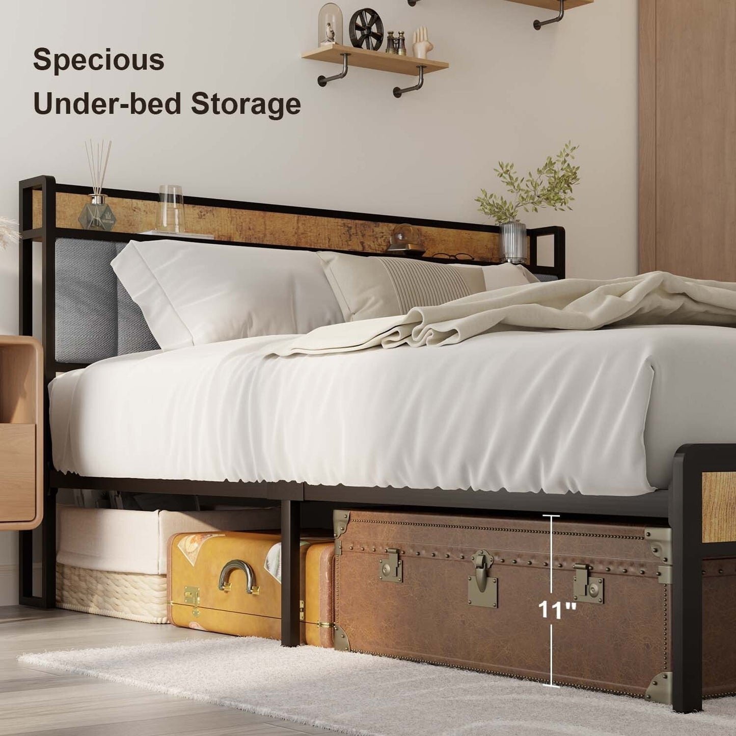 Cadre de lit à plateforme en métal pour matelas Twin / Double / Queen / King avec tête de lit rembourrée et rangement.