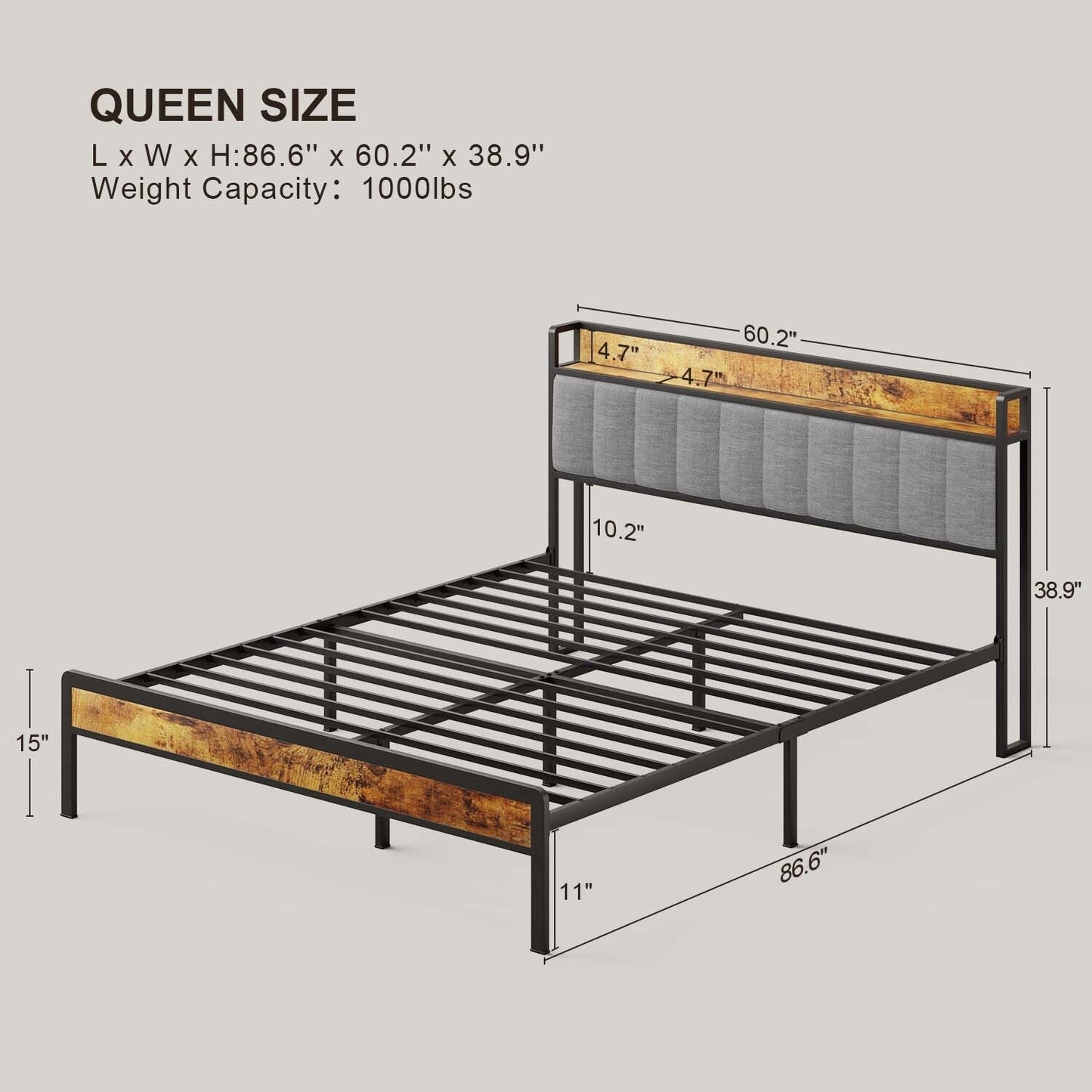 Cadre de lit à plateforme en métal pour matelas Twin / Double / Queen / King avec tête de lit rembourrée et rangement.