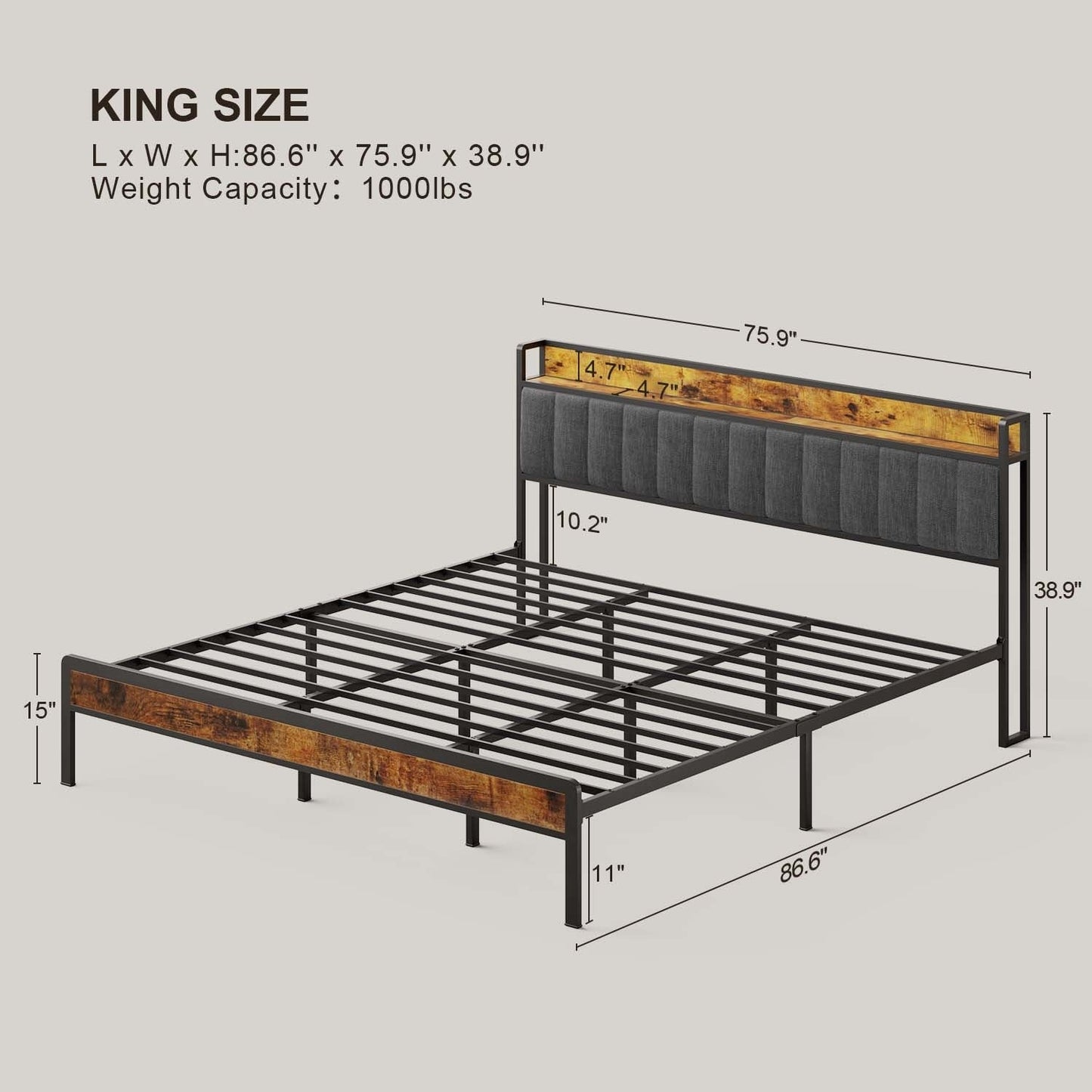 Cadre de lit à plateforme en métal pour matelas Twin / Double / Queen / King avec tête de lit rembourrée et rangement.