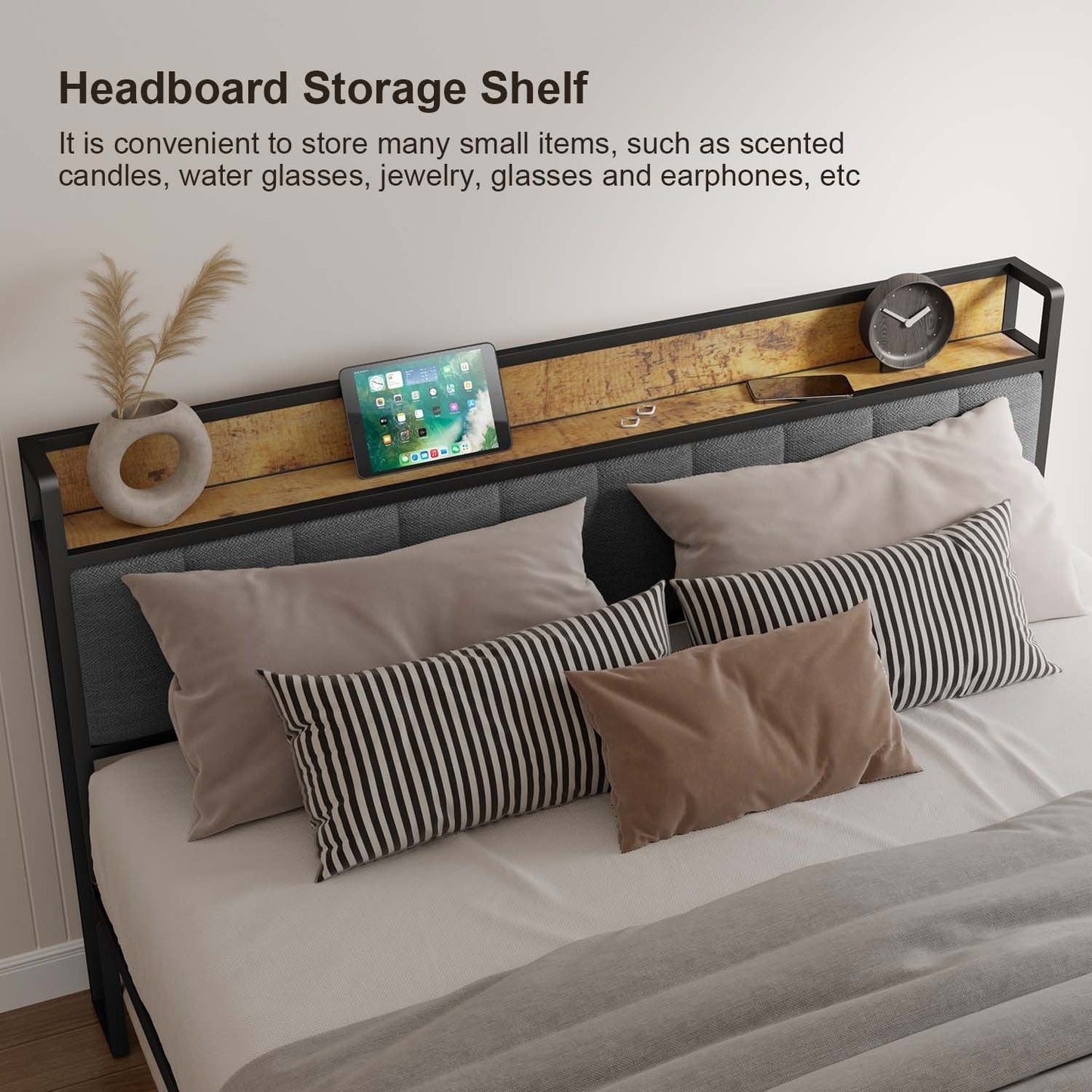 Cadre de lit à plateforme en métal pour matelas Twin / Double / Queen / King avec tête de lit rembourrée et rangement.