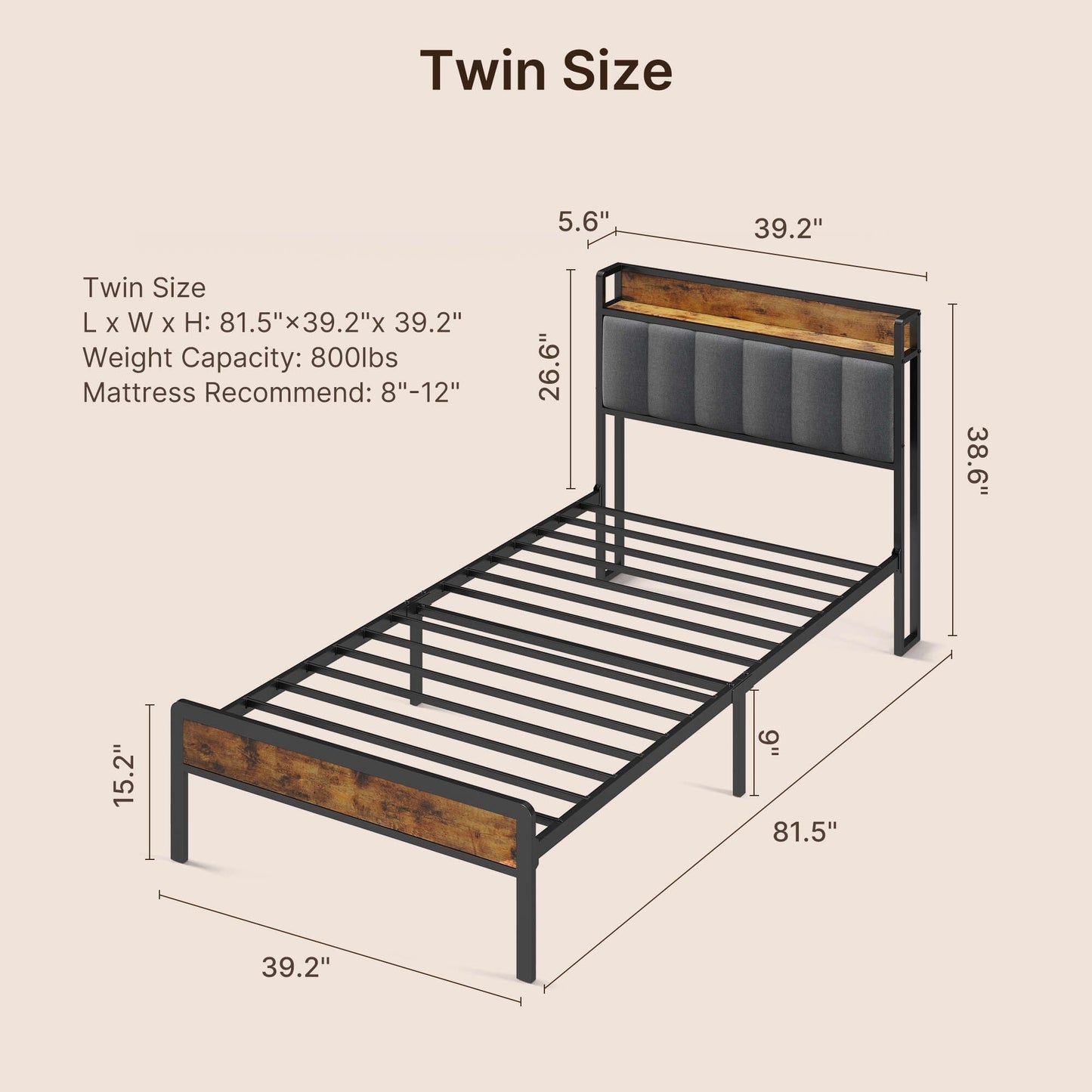Cadre de lit à plateforme en métal pour matelas Twin / Double / Queen / King avec tête de lit rembourrée et rangement.