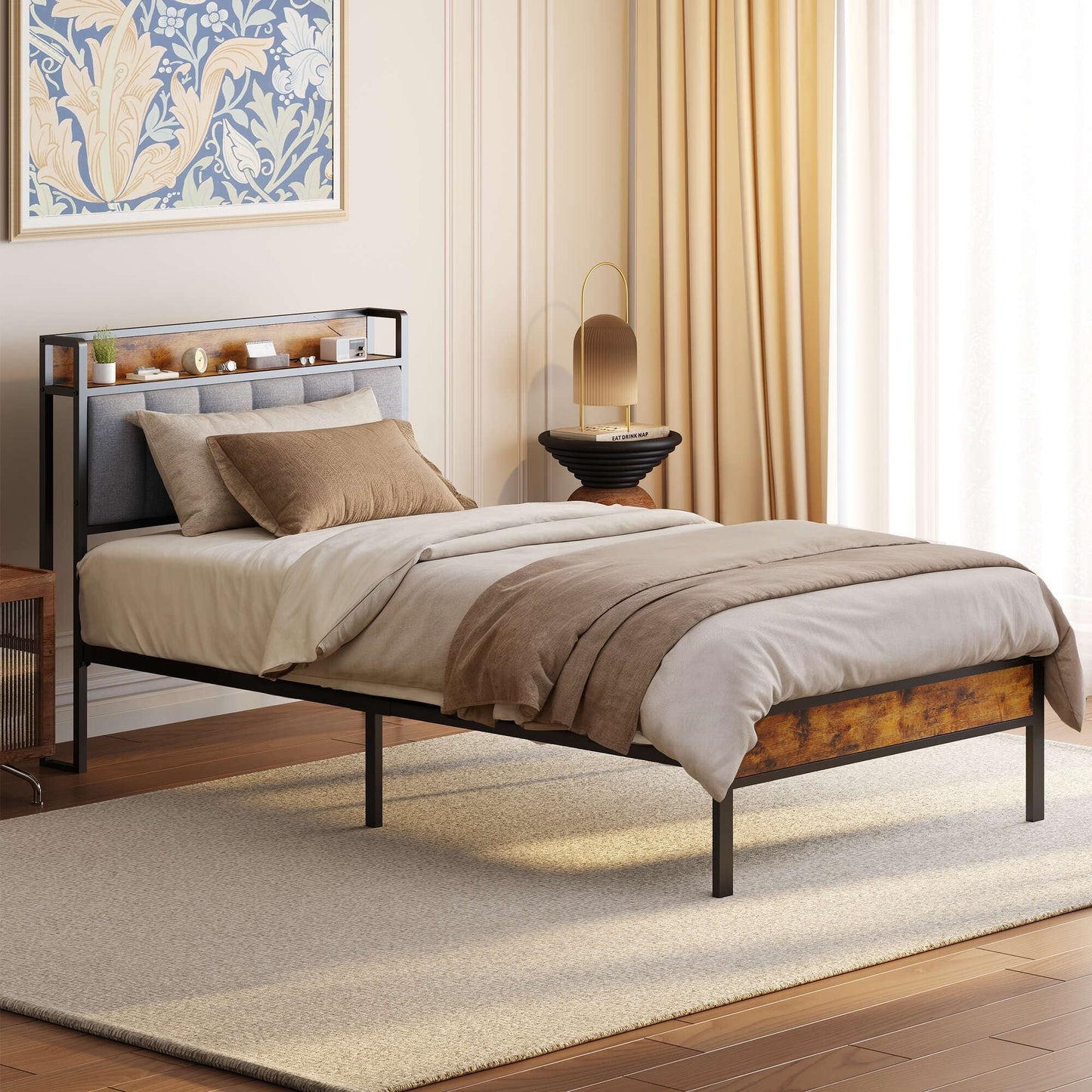 Cadre de lit à plateforme en métal pour matelas Twin / Double / Queen / King avec tête de lit rembourrée et rangement.