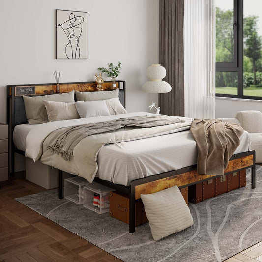 Cadre de lit à plateforme en métal pour matelas Twin / Double / Queen / King avec tête de lit rembourrée et rangement.
