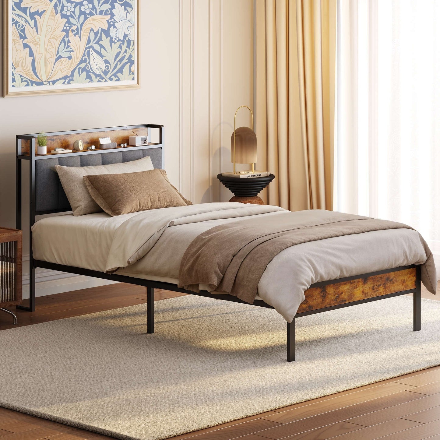 Cadre de lit à plateforme en métal pour matelas Twin / Double / Queen / King avec tête de lit rembourrée et rangement.