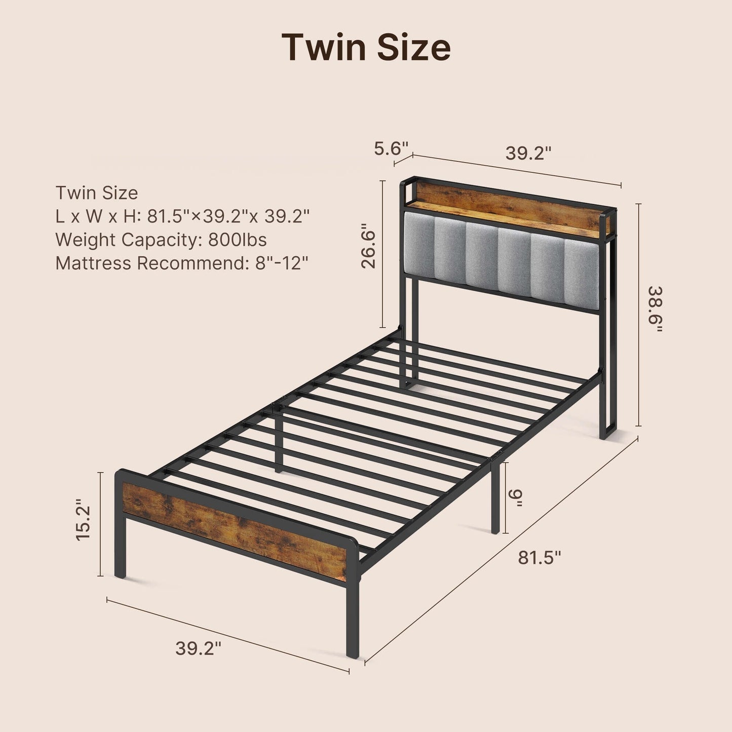 Cadre de lit à plateforme en métal pour matelas Twin / Double / Queen / King avec tête de lit rembourrée et rangement.