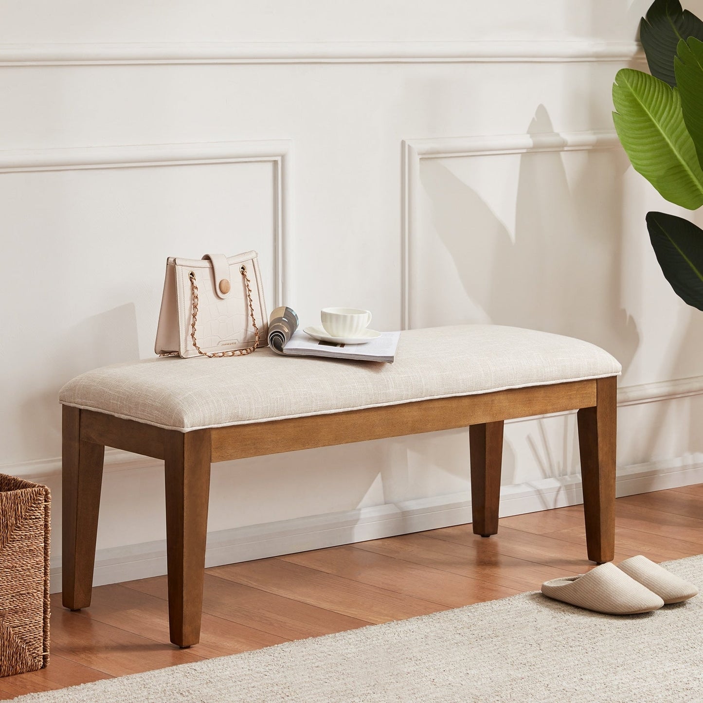 Banc d'entrée recouvert de tissu, banc de chambre à coucher pour le pied du lit, beige, en bois massif, 44 pouces