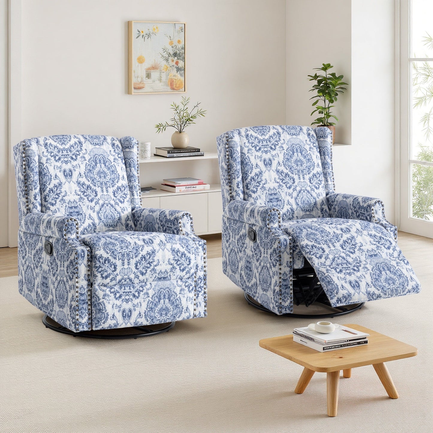 Lot de 2 chaises inclinables à bascule pivotantes à commande manuelle avec dossier inclinable, motif, 73,7 cm de largeur.