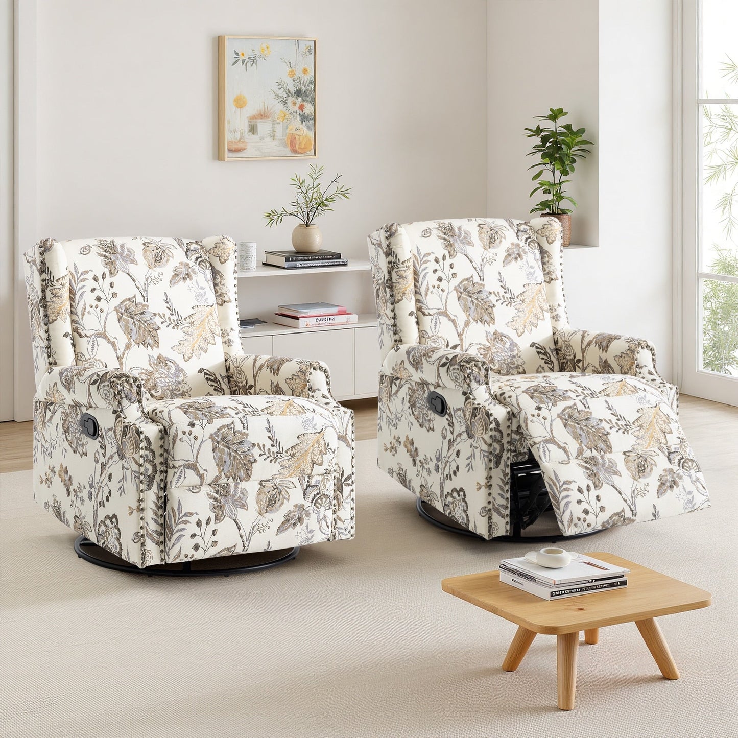 Lot de 2 chaises inclinables à bascule pivotantes à commande manuelle avec dossier inclinable, motif, 73,7 cm de largeur.