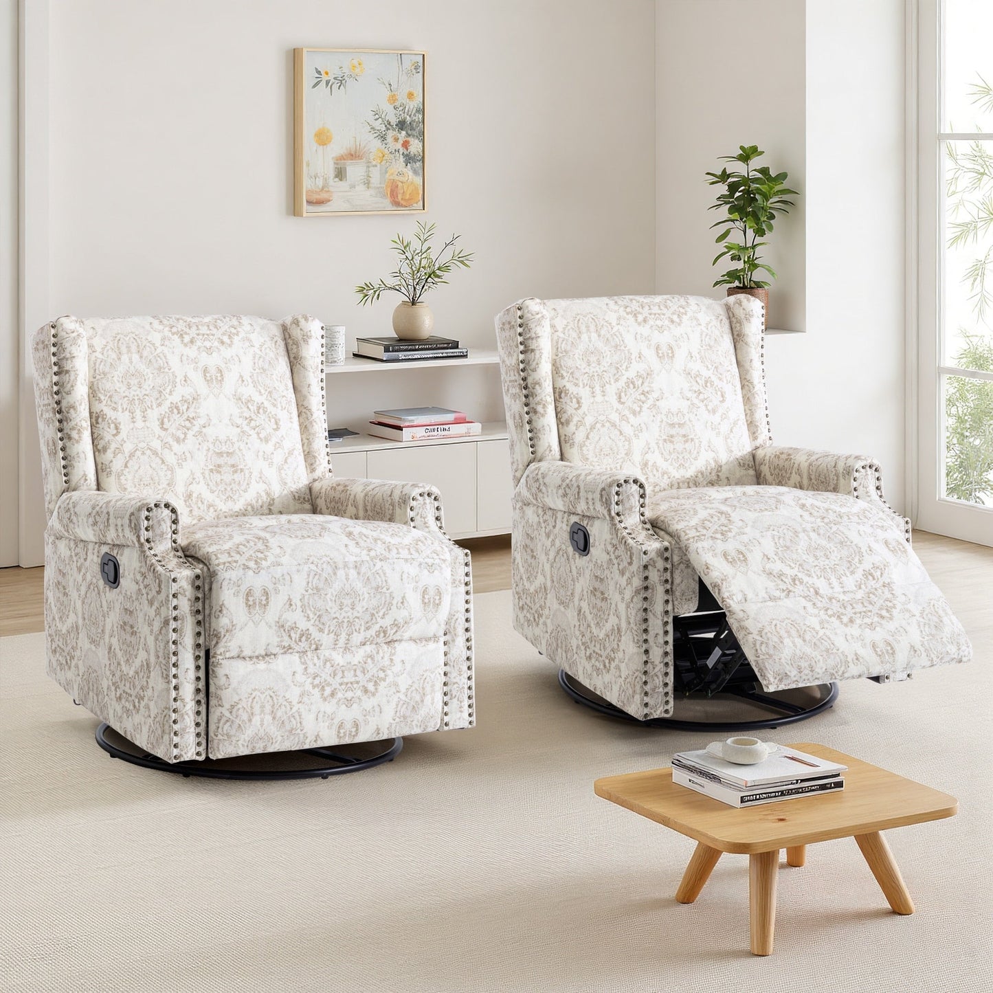 Lot de 2 chaises inclinables à bascule pivotantes à commande manuelle avec dossier inclinable, motif, 73,7 cm de largeur.