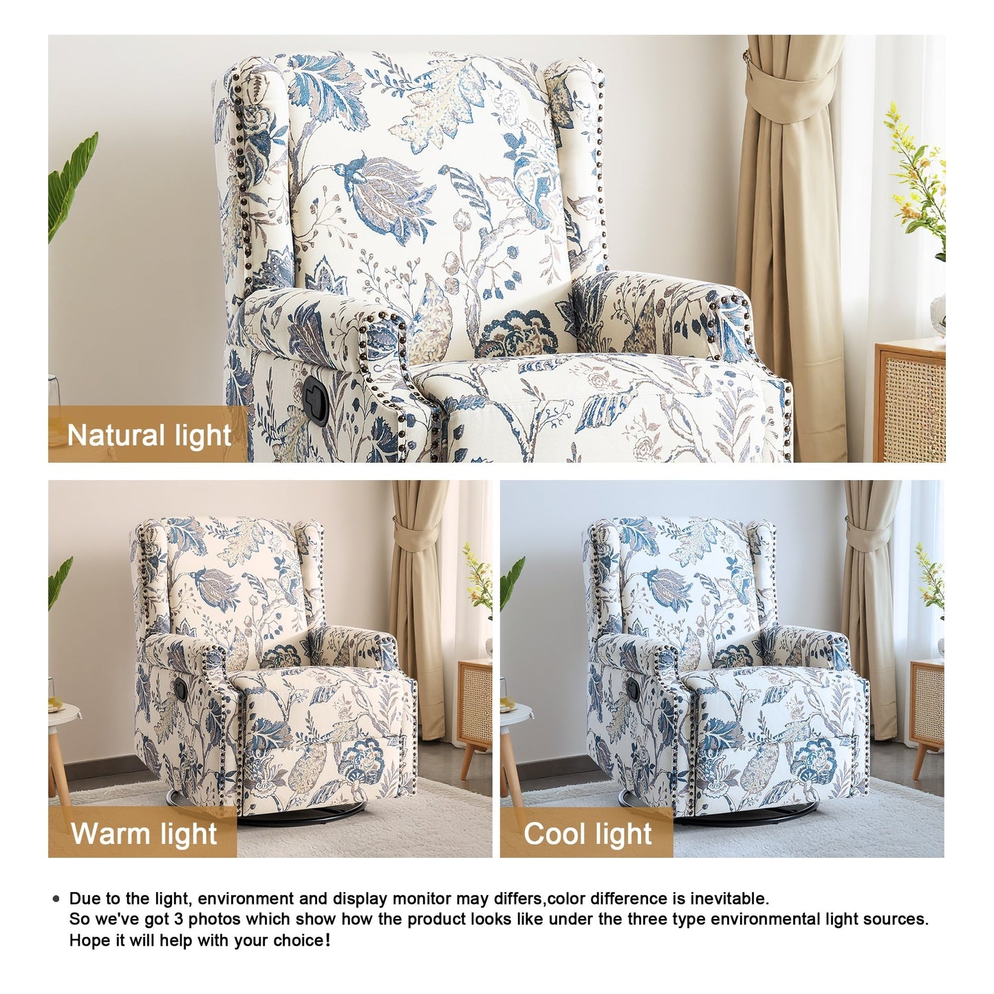 Lot de 2 chaises inclinables à bascule pivotantes à commande manuelle avec dossier inclinable, motif, 73,7 cm de largeur.