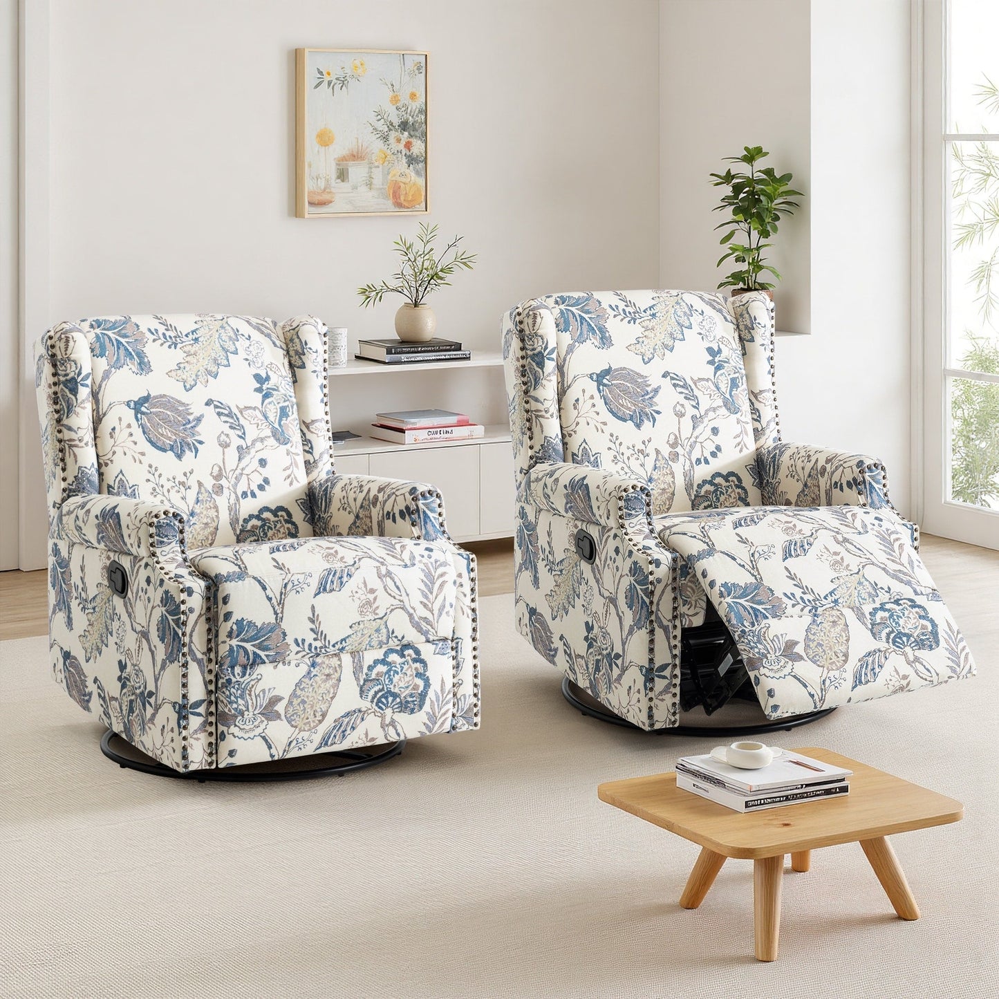 Lot de 2 chaises inclinables à bascule pivotantes à commande manuelle avec dossier inclinable, motif, 73,7 cm de largeur.