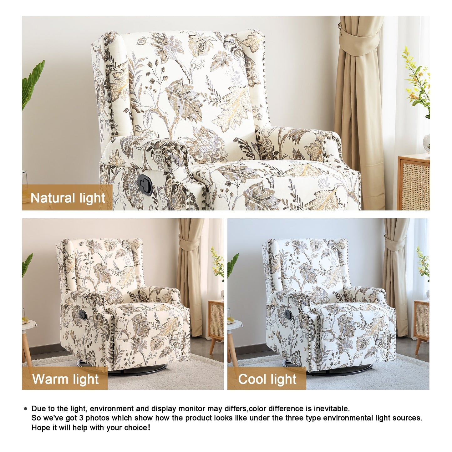 Lot de 2 chaises inclinables à bascule pivotantes à commande manuelle avec dossier inclinable, motif, 73,7 cm de largeur.