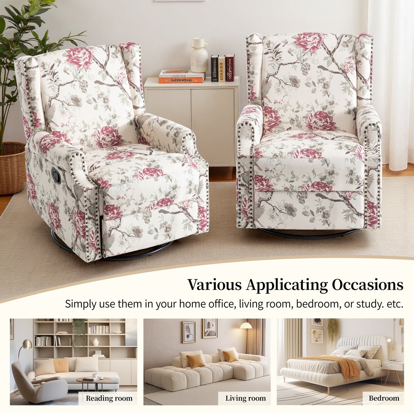 Lot de 2 chaises inclinables à bascule pivotantes à commande manuelle avec dossier inclinable, motif, 73,7 cm de largeur.