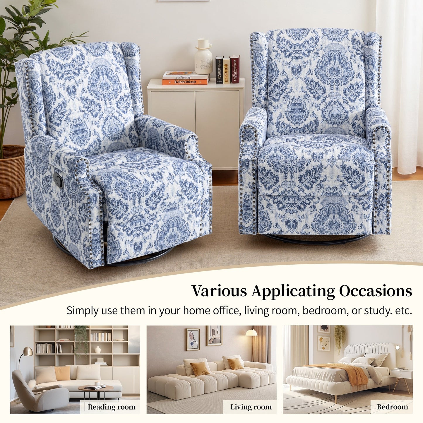 Lot de 2 chaises inclinables à bascule pivotantes à commande manuelle avec dossier inclinable, motif, 73,7 cm de largeur.