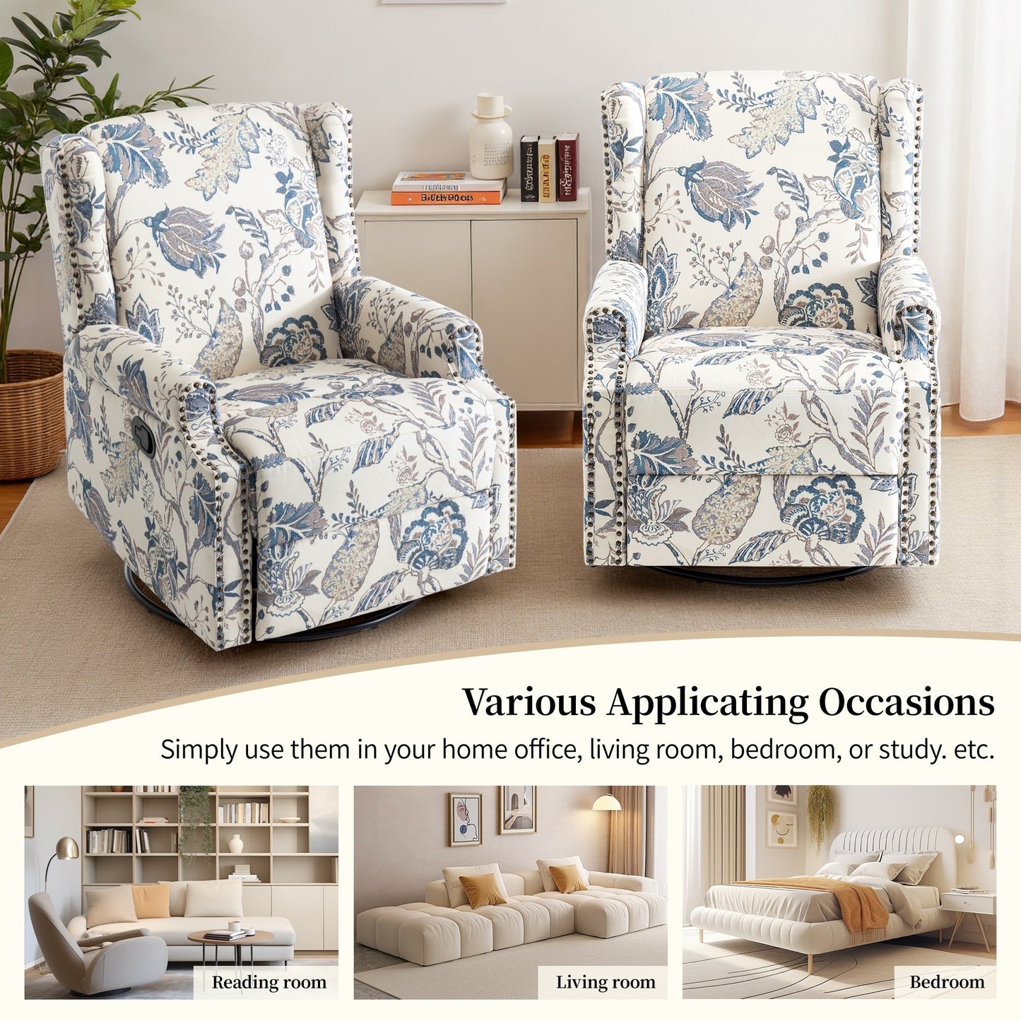 Lot de 2 chaises inclinables à bascule pivotantes à commande manuelle avec dossier inclinable, motif, 73,7 cm de largeur.