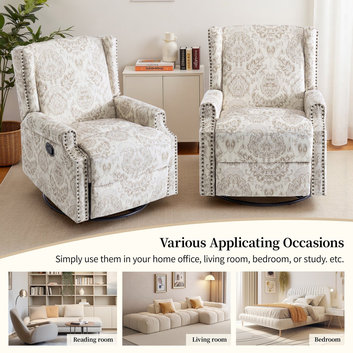 Lot de 2 chaises inclinables à bascule pivotantes à commande manuelle avec dossier inclinable, motif, 73,7 cm de largeur.