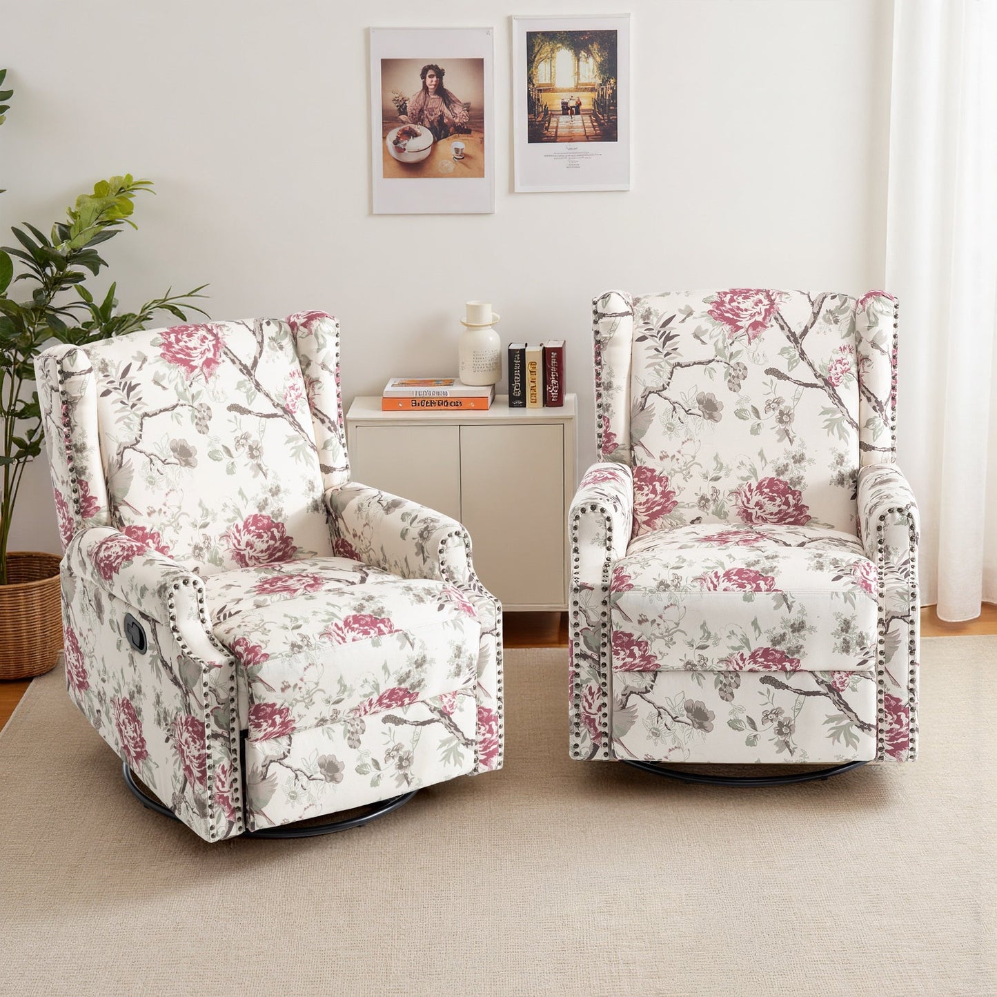 Lot de 2 chaises inclinables à bascule pivotantes à commande manuelle avec dossier inclinable, motif, 73,7 cm de largeur.