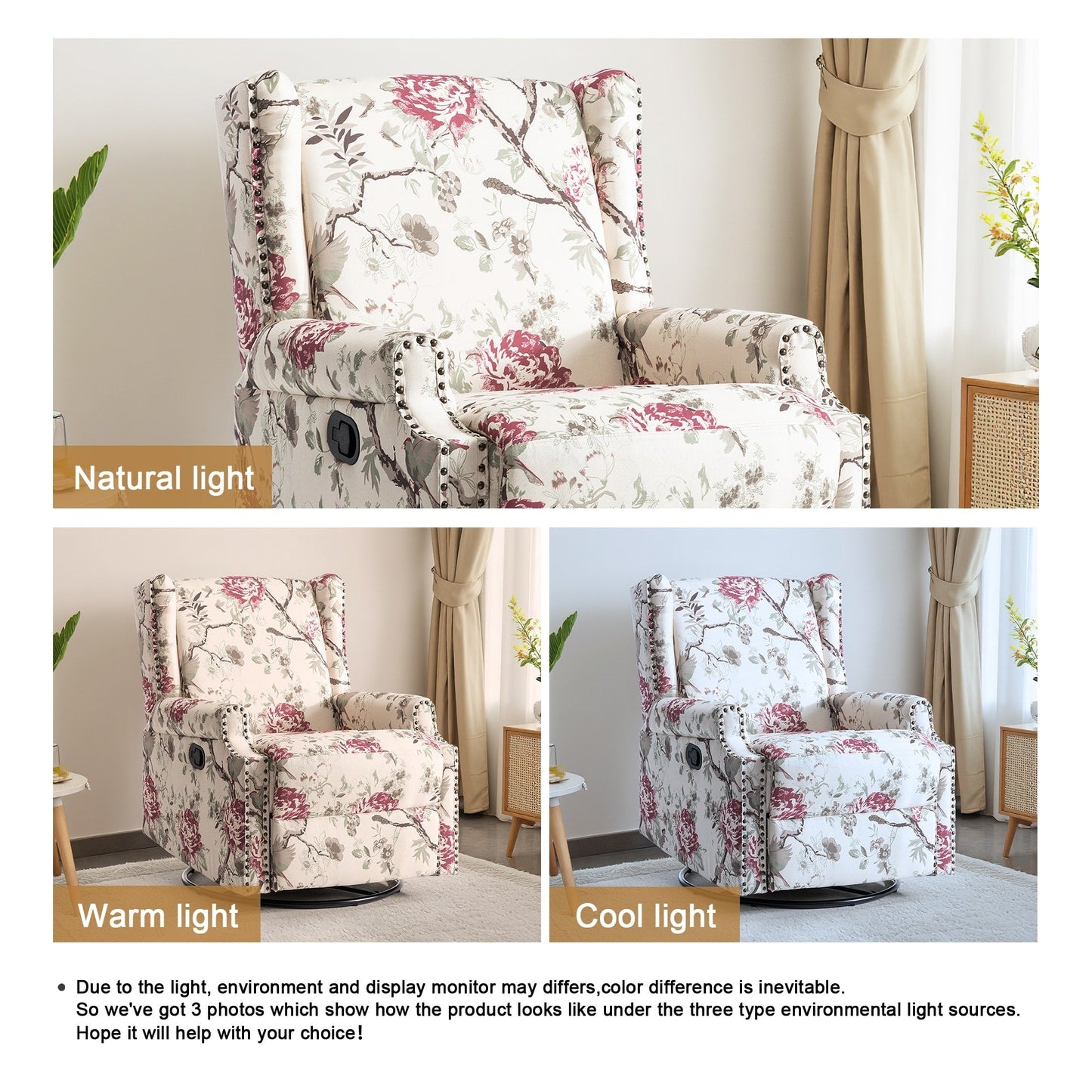 Lot de 2 chaises inclinables à bascule pivotantes à commande manuelle avec dossier inclinable, motif, 73,7 cm de largeur.