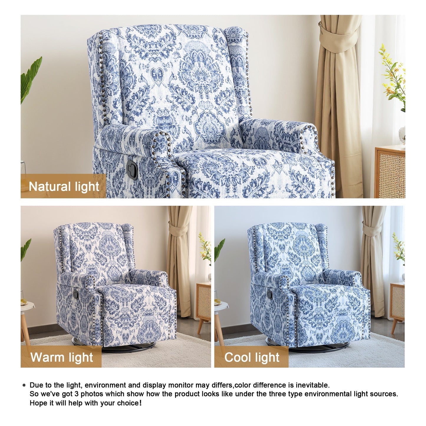 Lot de 2 chaises inclinables à bascule pivotantes à commande manuelle avec dossier inclinable, motif, 73,7 cm de largeur.
