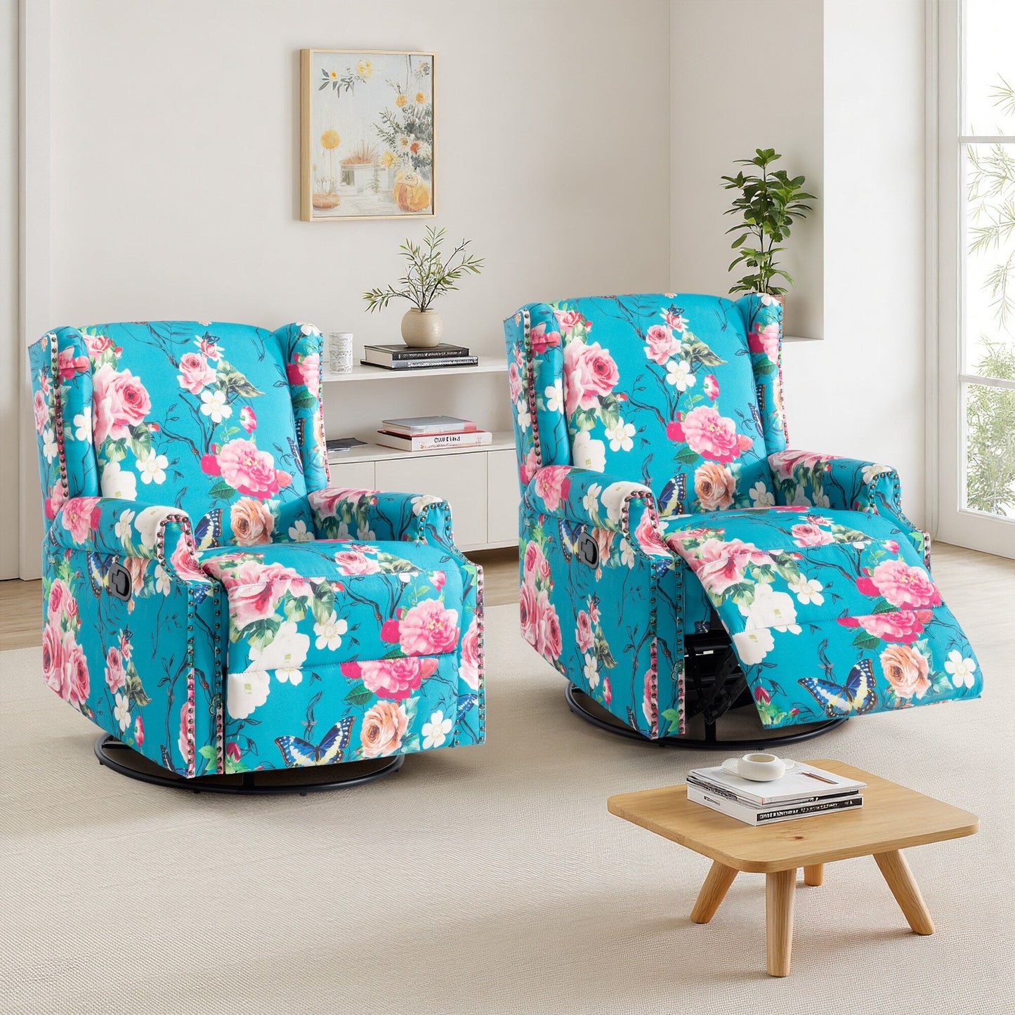 Lot de 2 chaises inclinables à bascule pivotantes à commande manuelle avec dossier inclinable, motif, 73,7 cm de largeur.