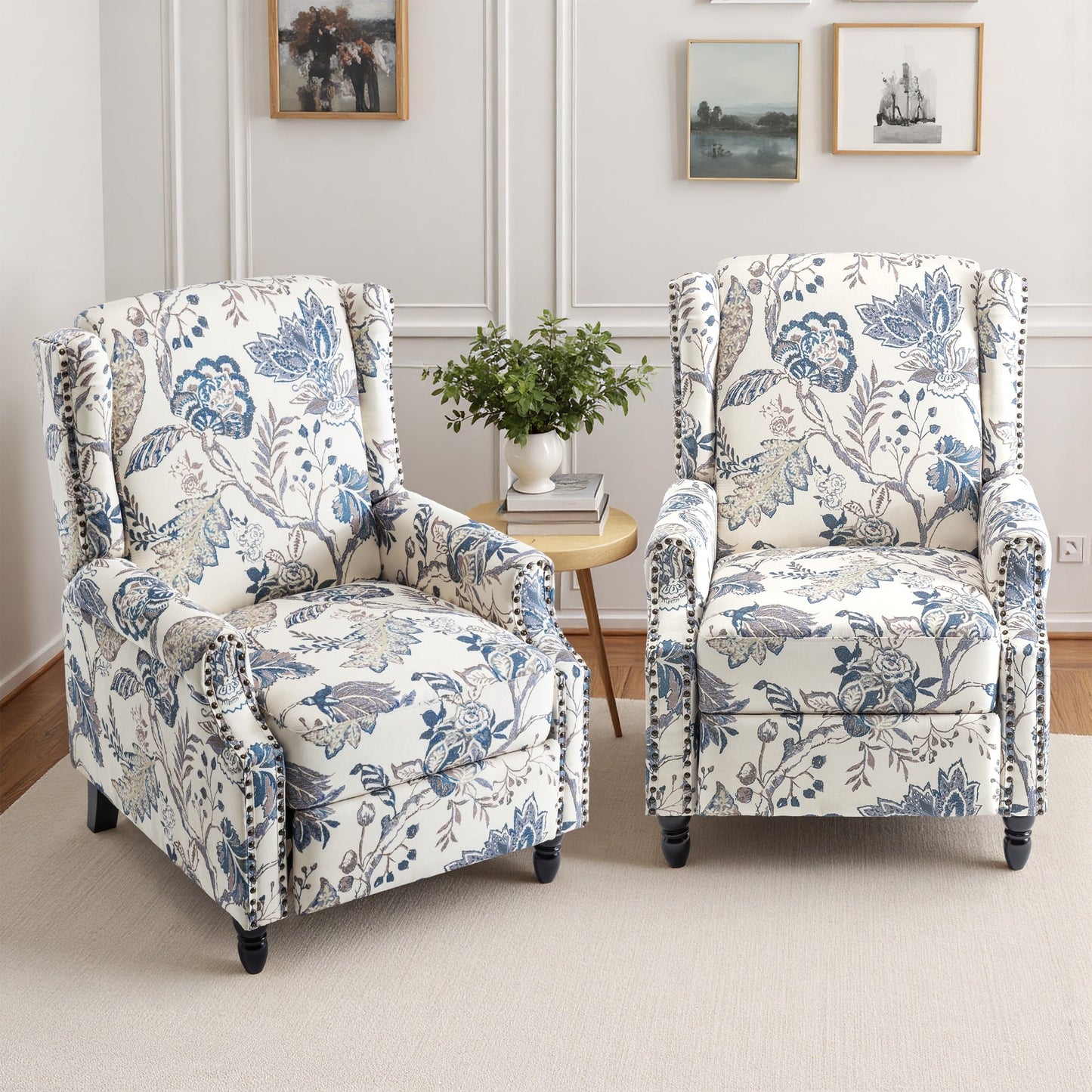 Lot de 2 chaises inclinables à dossier manuel à motif floral vintage, 73,6 cm de largeur.