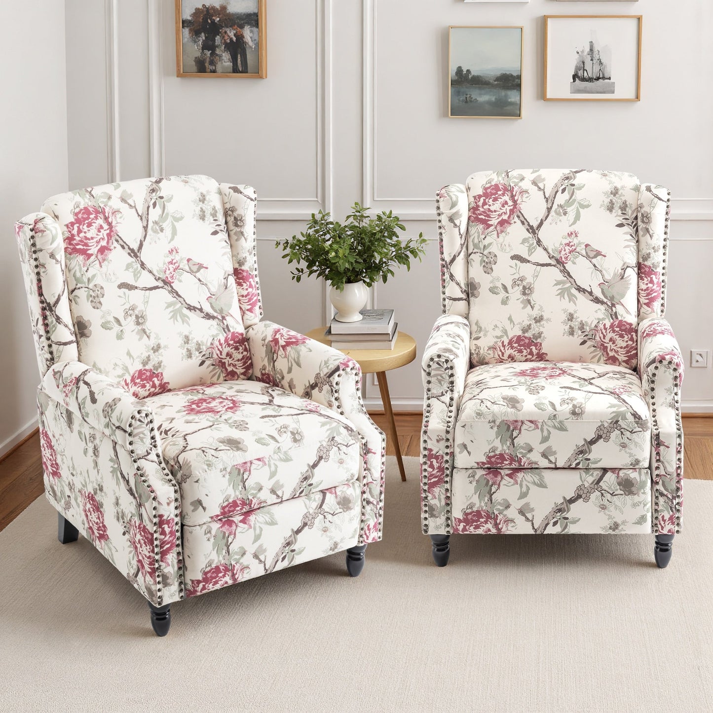 Lot de 2 chaises inclinables à dossier manuel à motif floral vintage, 73,6 cm de largeur.